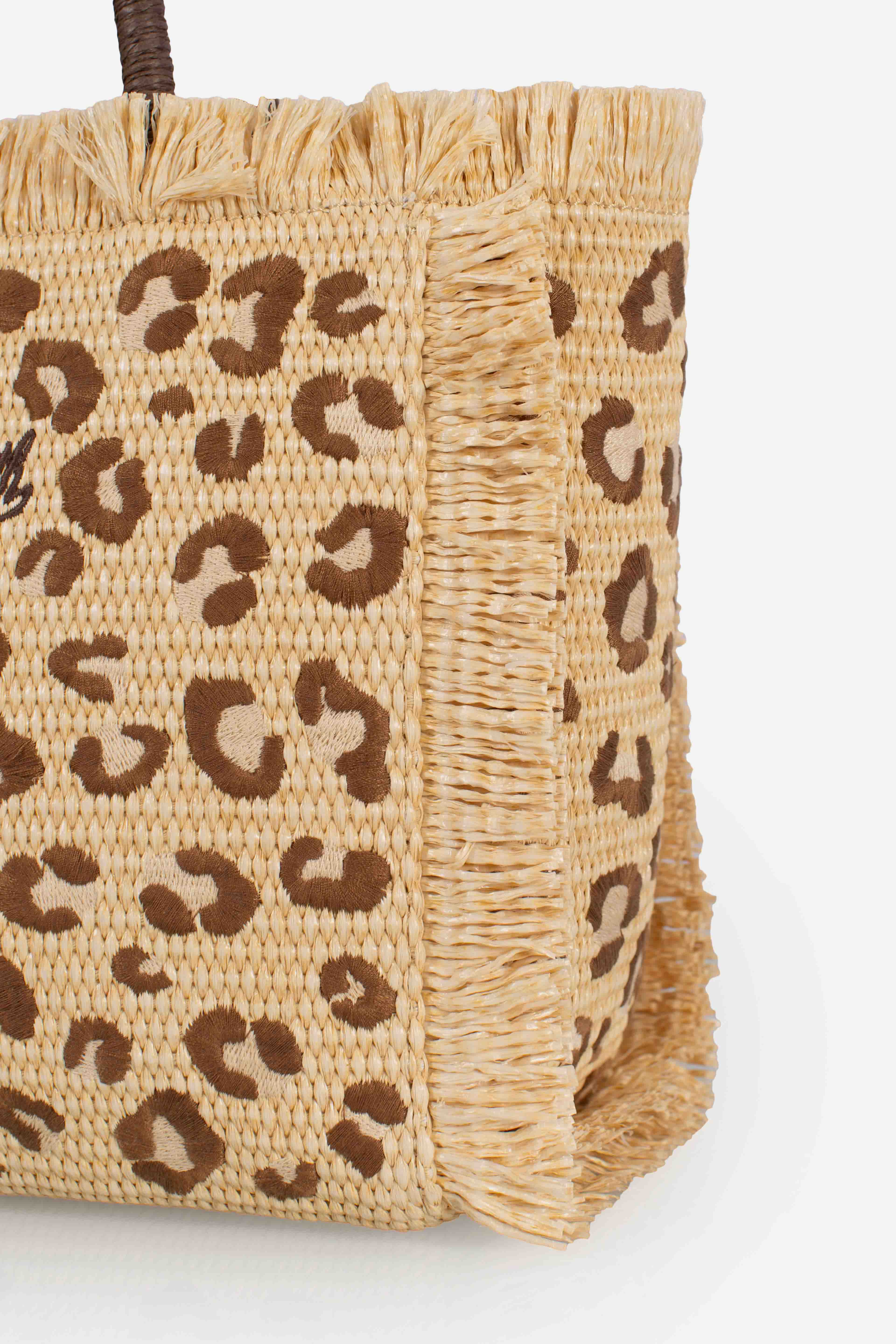 Borsa Colette in tessuto effetto paglia con ricamo leopardato