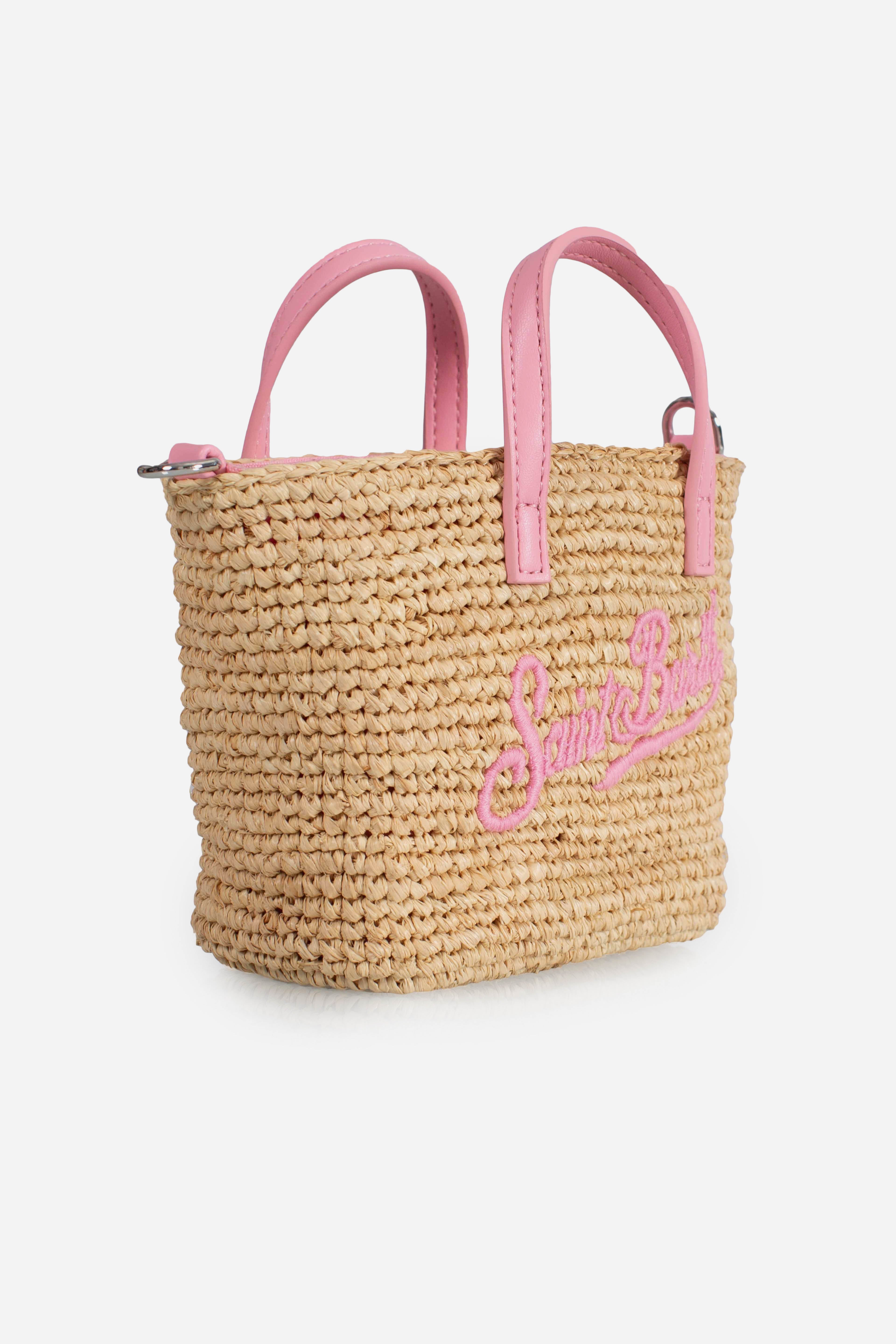 Borsa City mini micro in raffia con logo ricamato