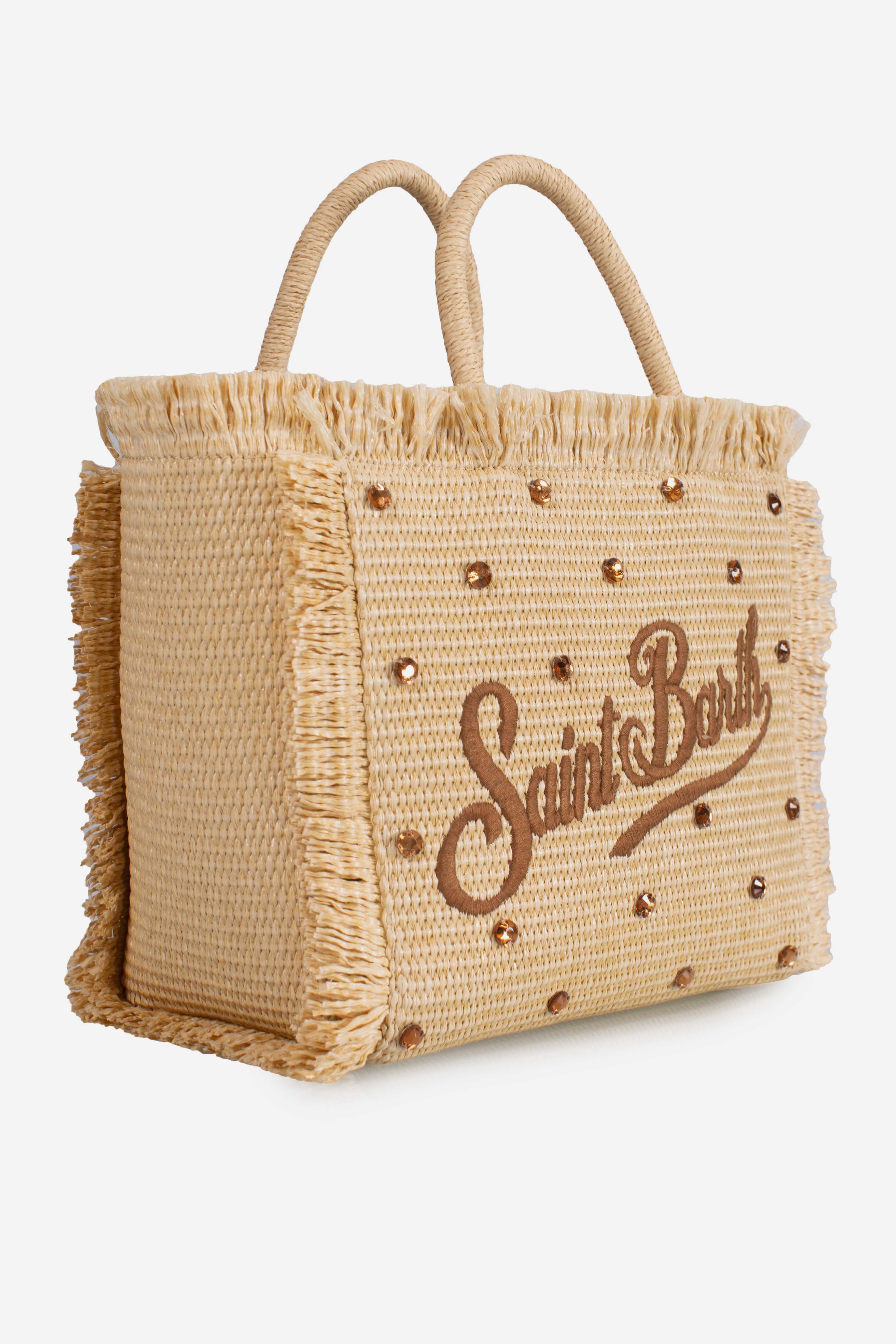 Borsa Colette effetto paglia con logo ricamato e decorazioni strass
