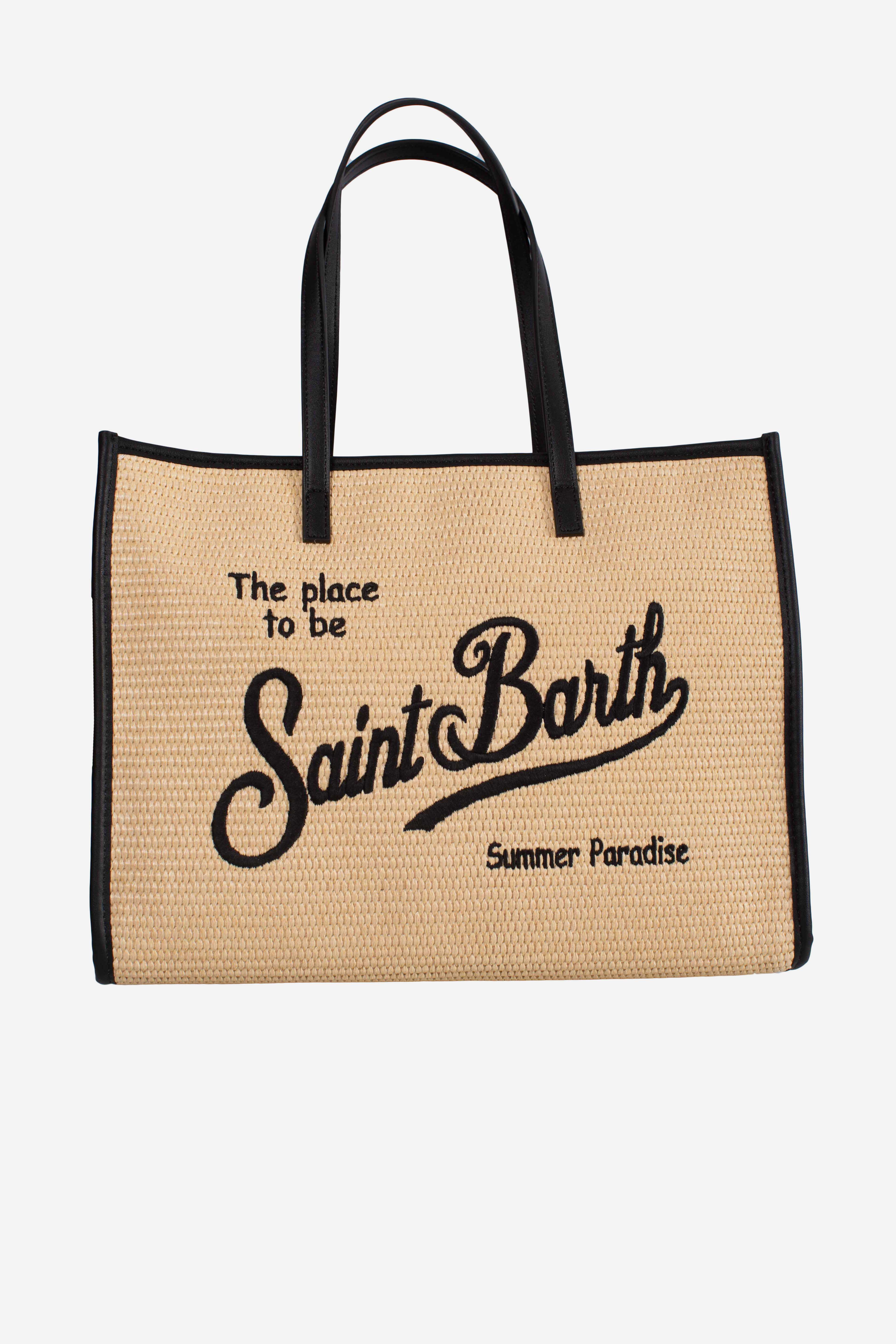 Borsa Vivian medium effetto paglia con logo nero ricamato