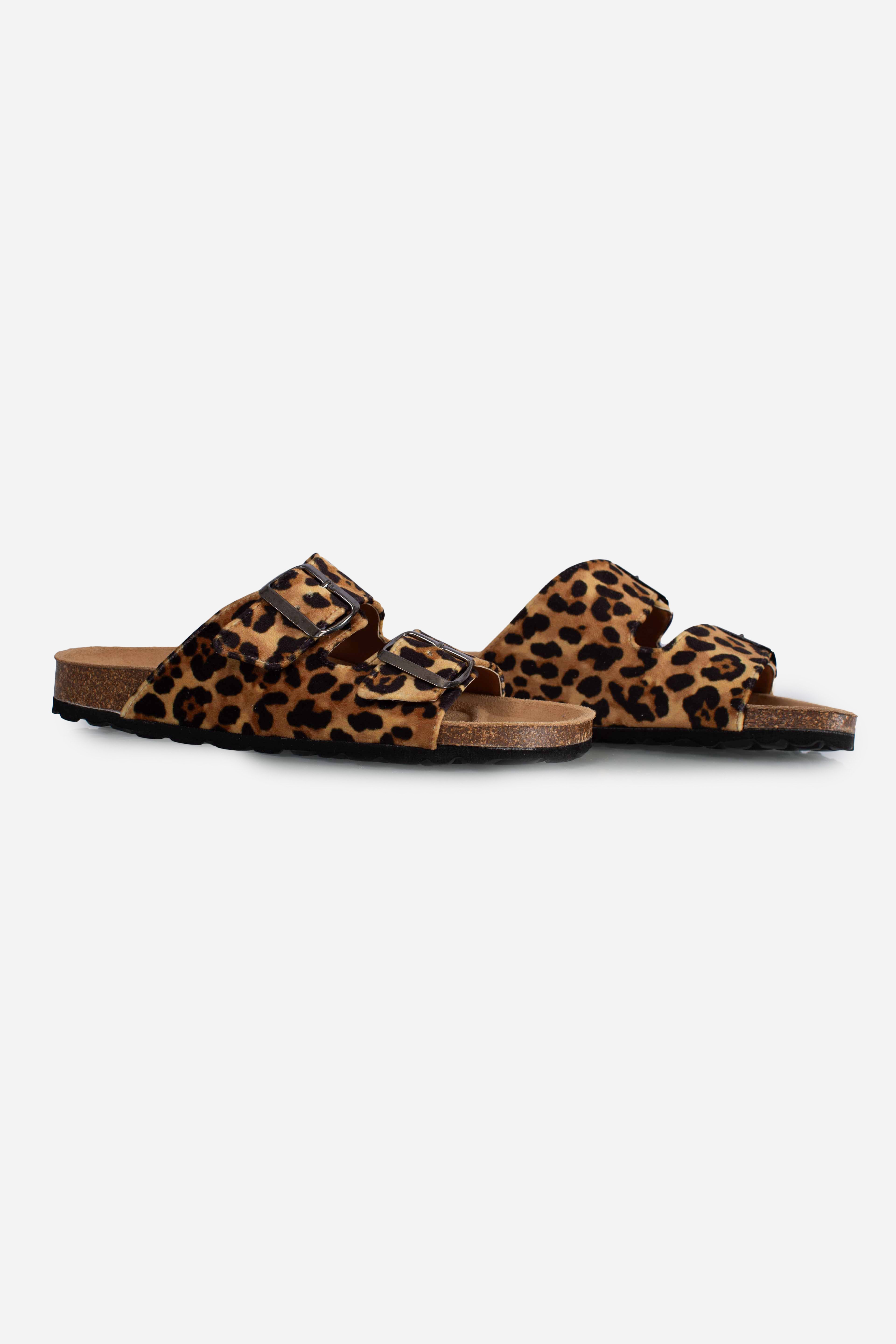 SANDALi CORK WITH STRAPS VELVET LEOPARD con doppia fibbia