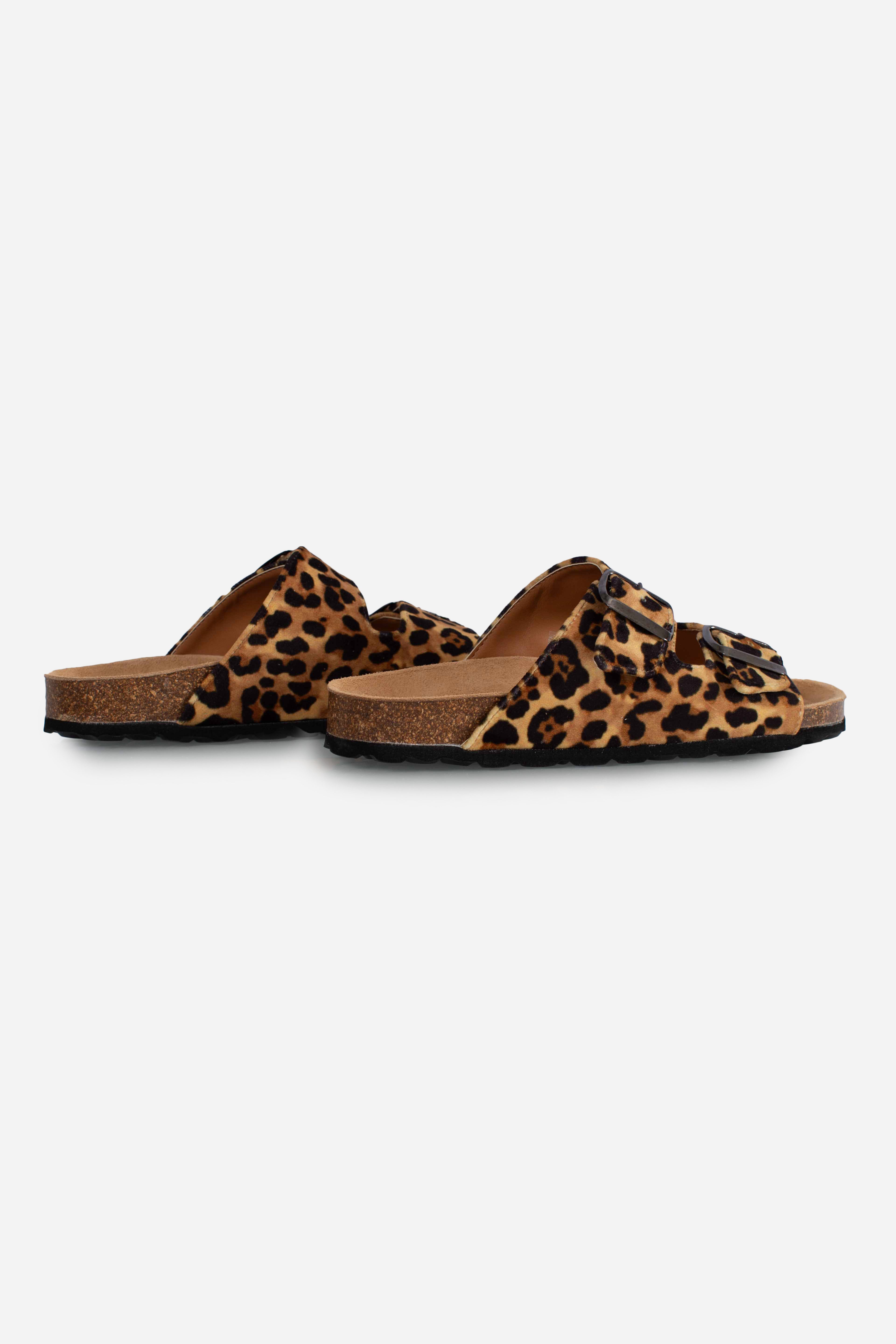 SANDALi CORK WITH STRAPS VELVET LEOPARD con doppia fibbia