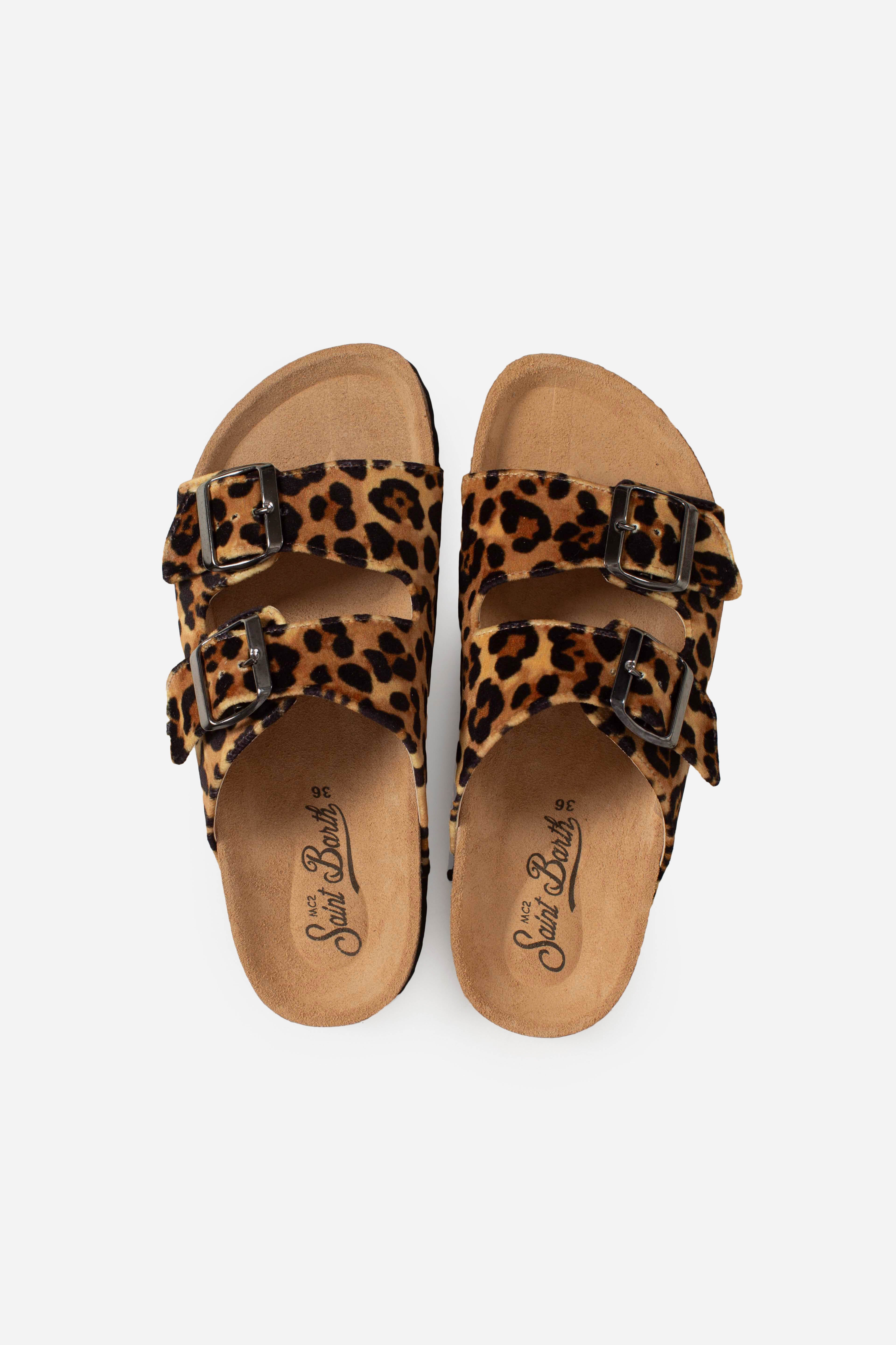 SANDALi CORK WITH STRAPS VELVET LEOPARD con doppia fibbia