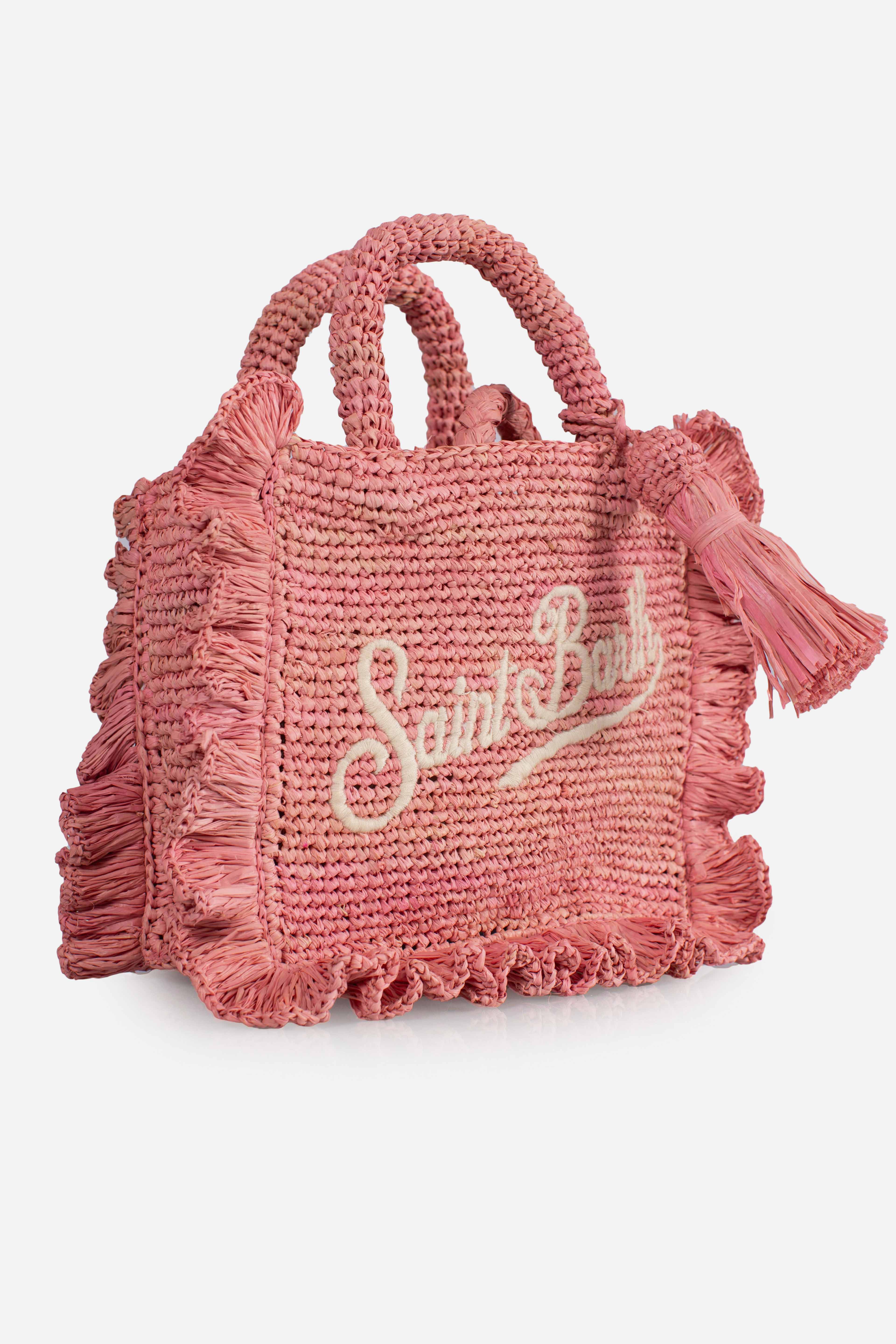 Borsa Volant Mini in raffia rosa con logo ricamato