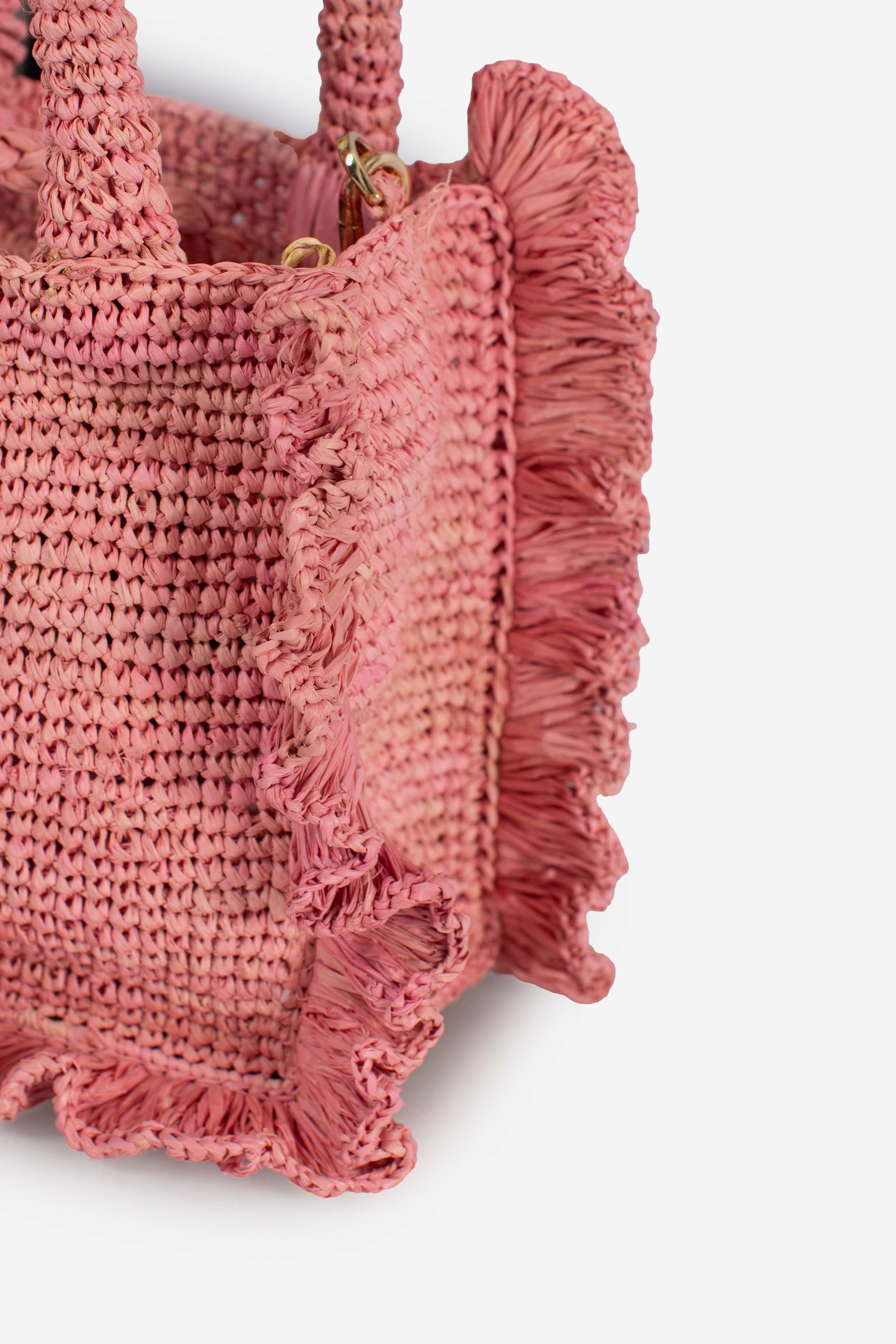 Borsa Volant Mini in raffia rosa con logo ricamato