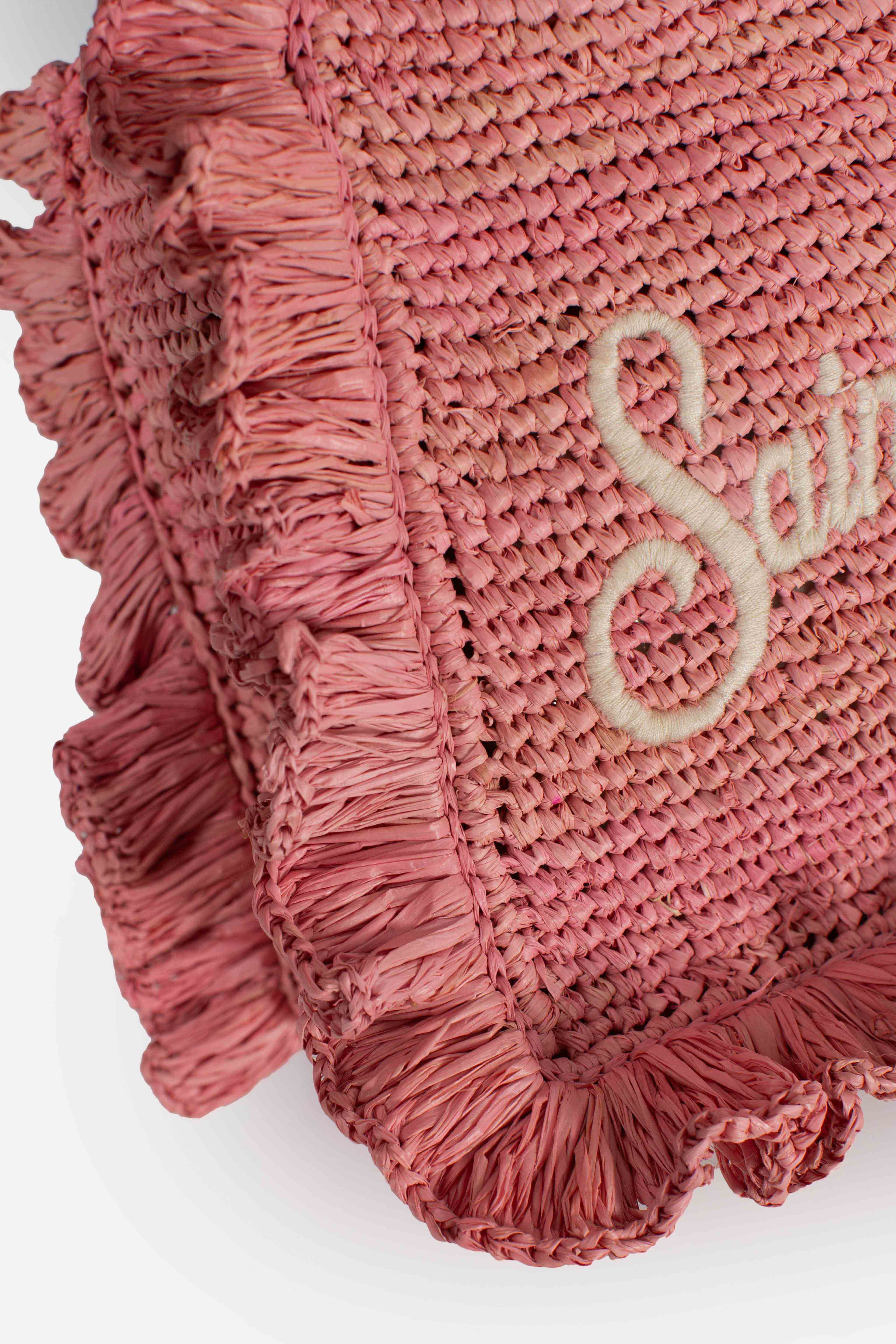 Borsa Volant Mini in raffia rosa con logo ricamato