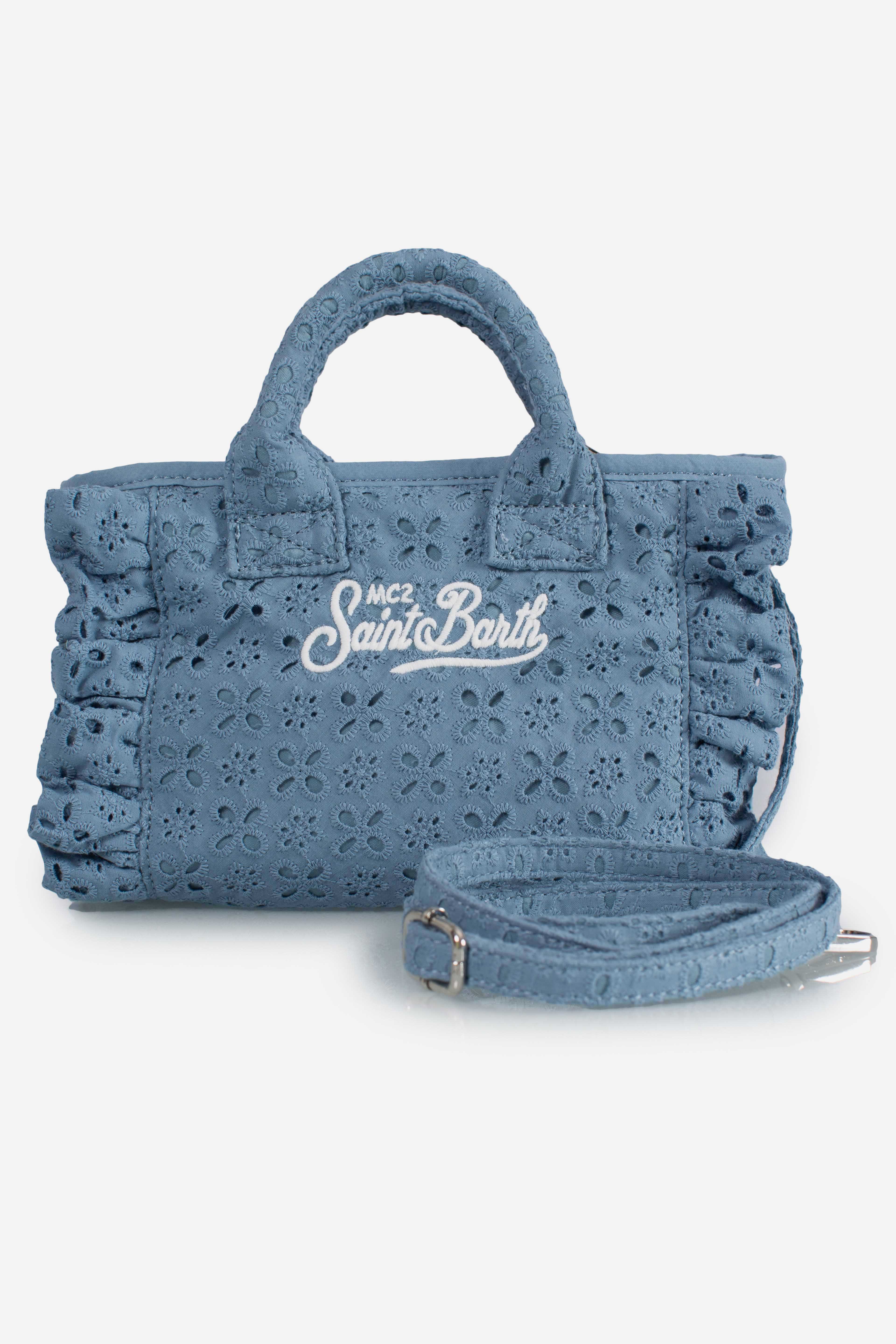 Borsa Vanity mini volant in cotone sangallo azzurra