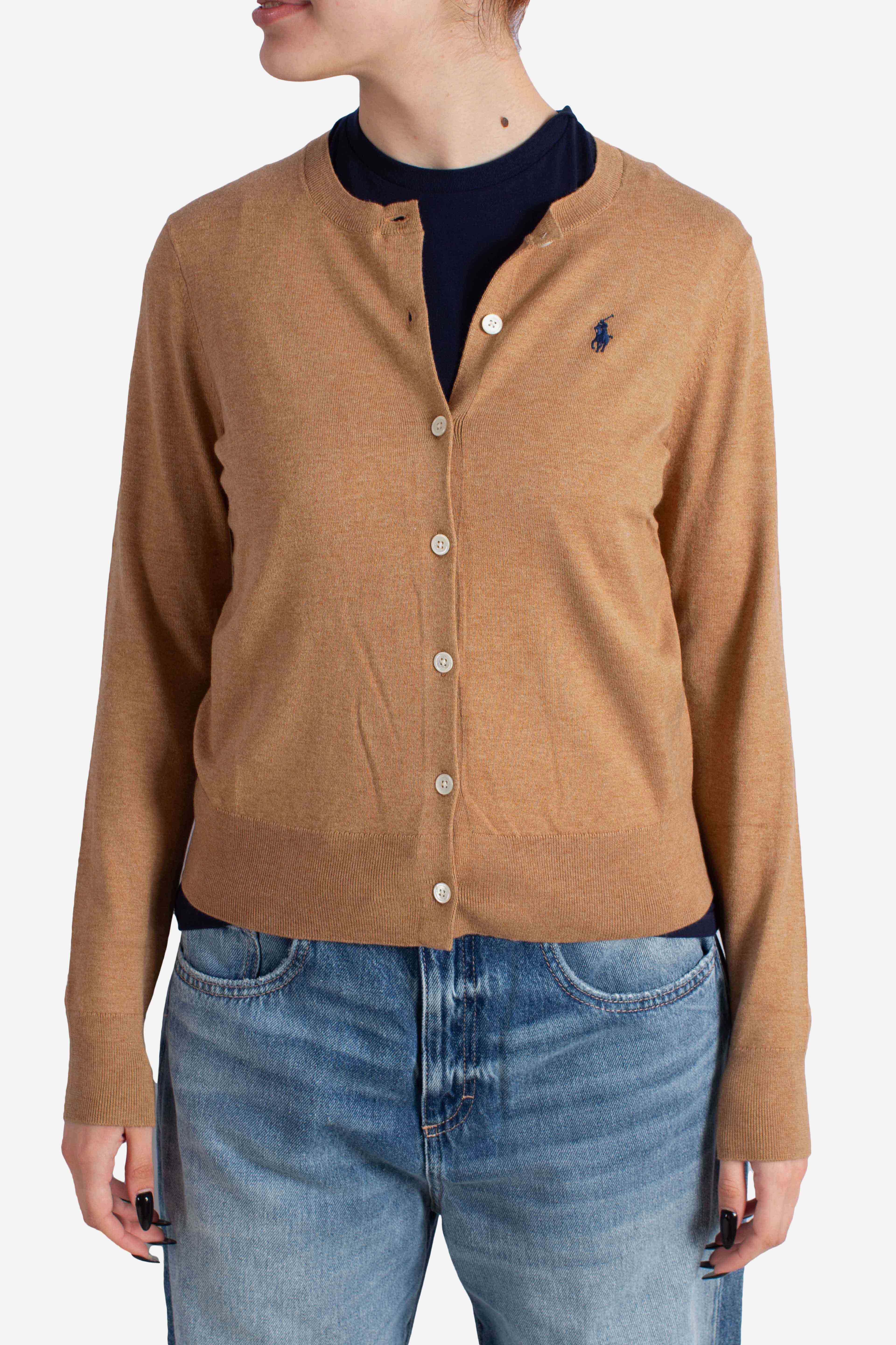 Cardigan girocollo in misto cotone elasticizzato camel