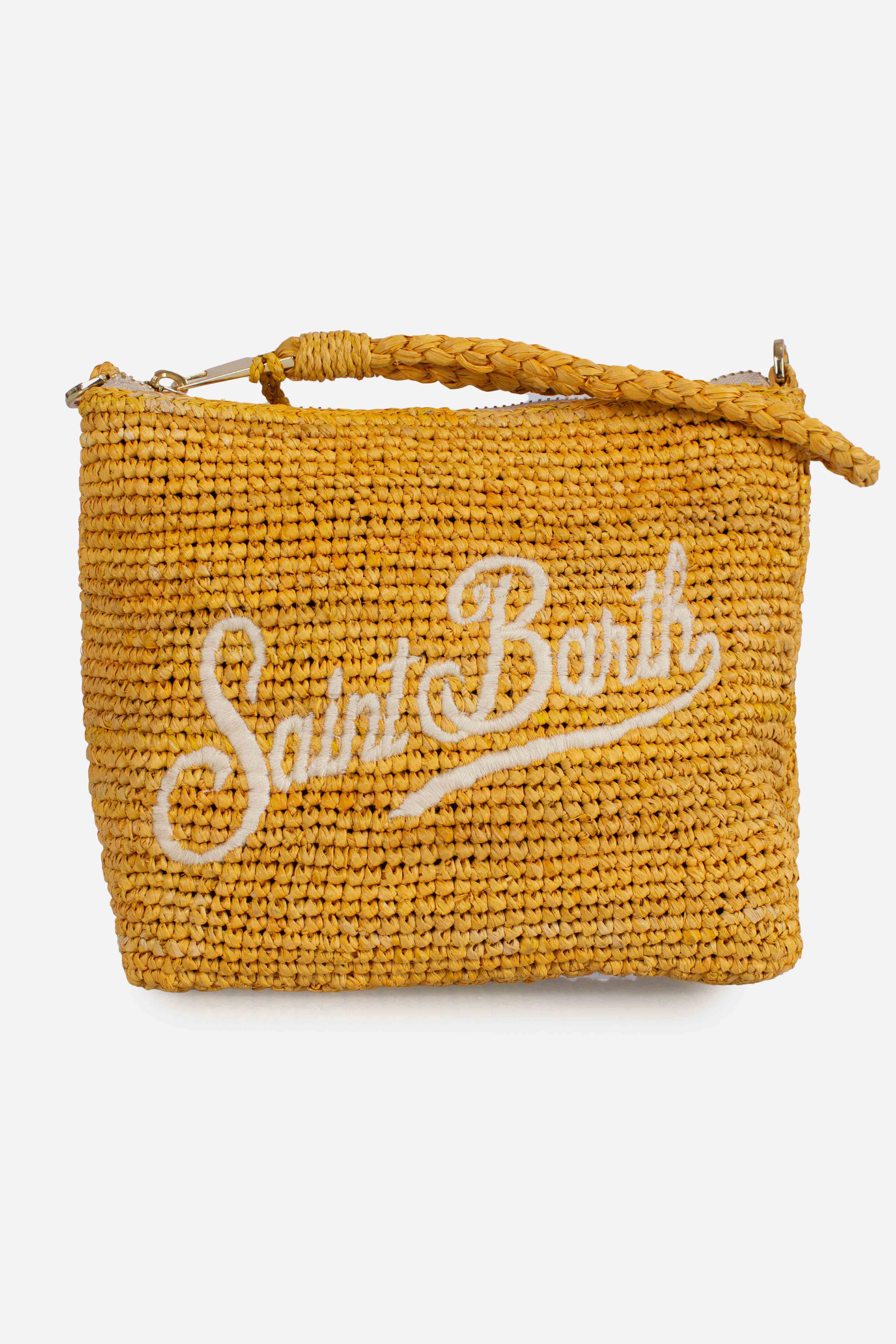Pouch in rafia intrecciata yellow con logo ricamato