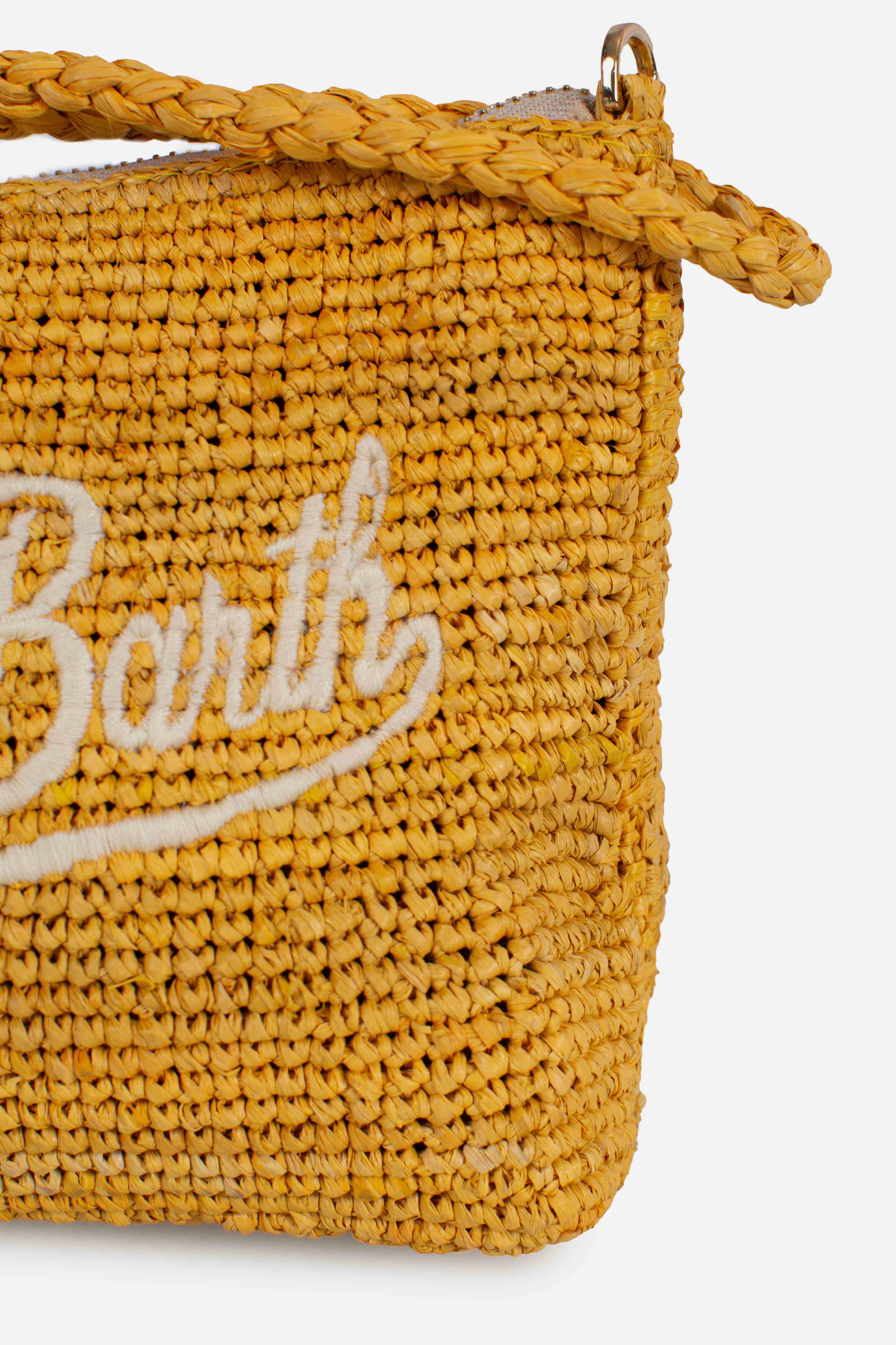 Pouch in rafia intrecciata yellow con logo ricamato