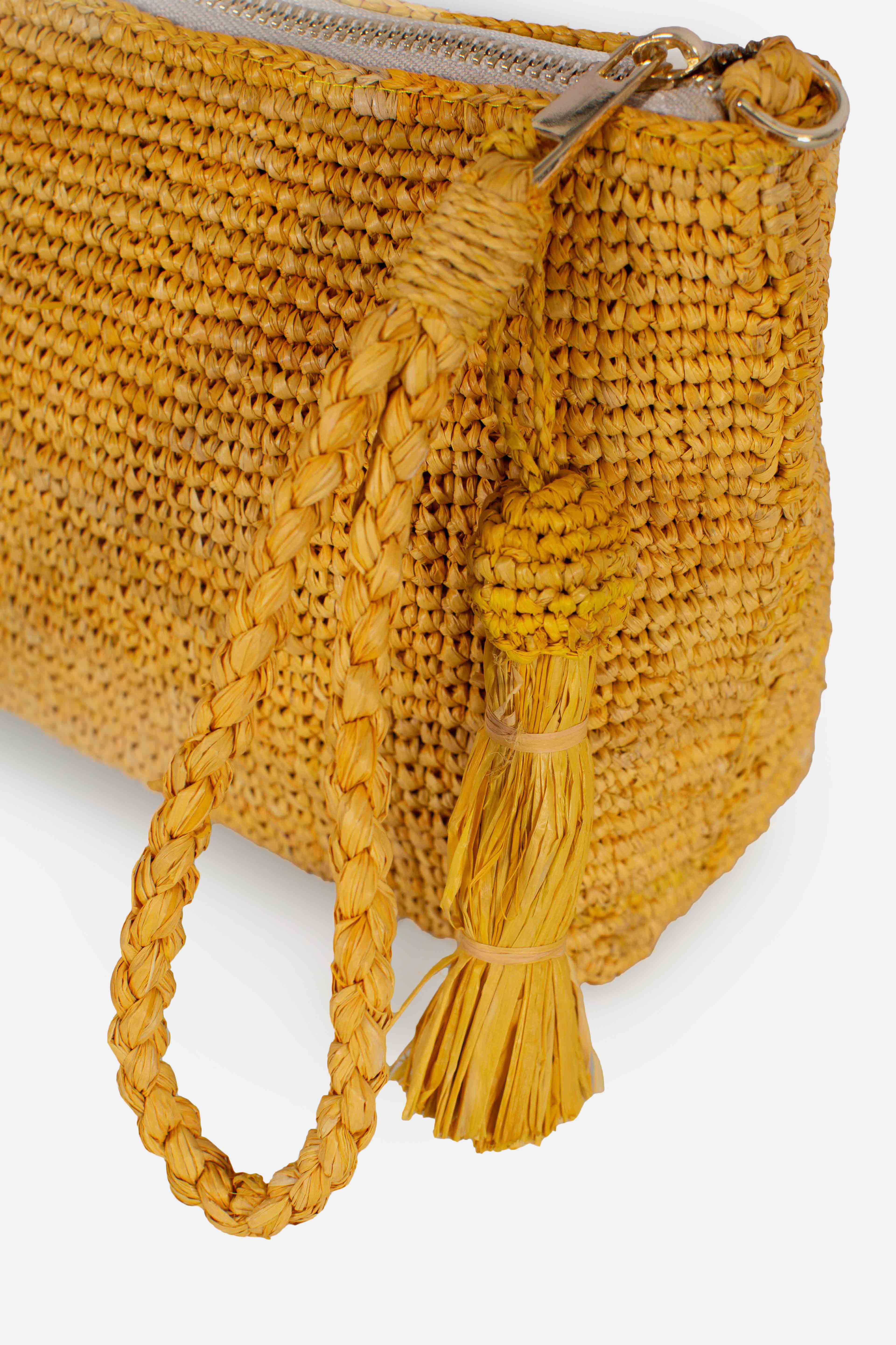Pouch in rafia intrecciata yellow con logo ricamato