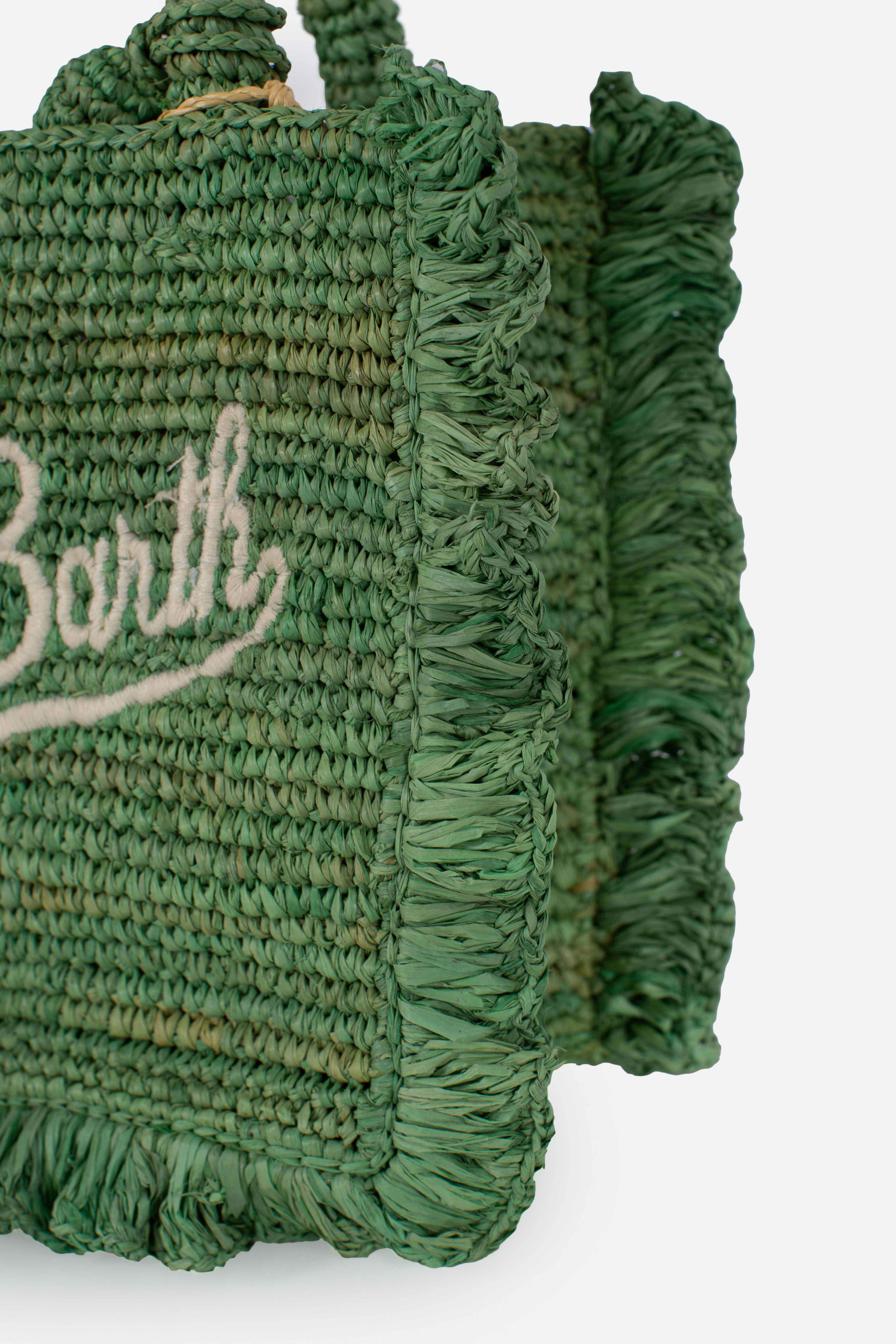 Borsa Volant Mini in raffia verde con logo ricamato