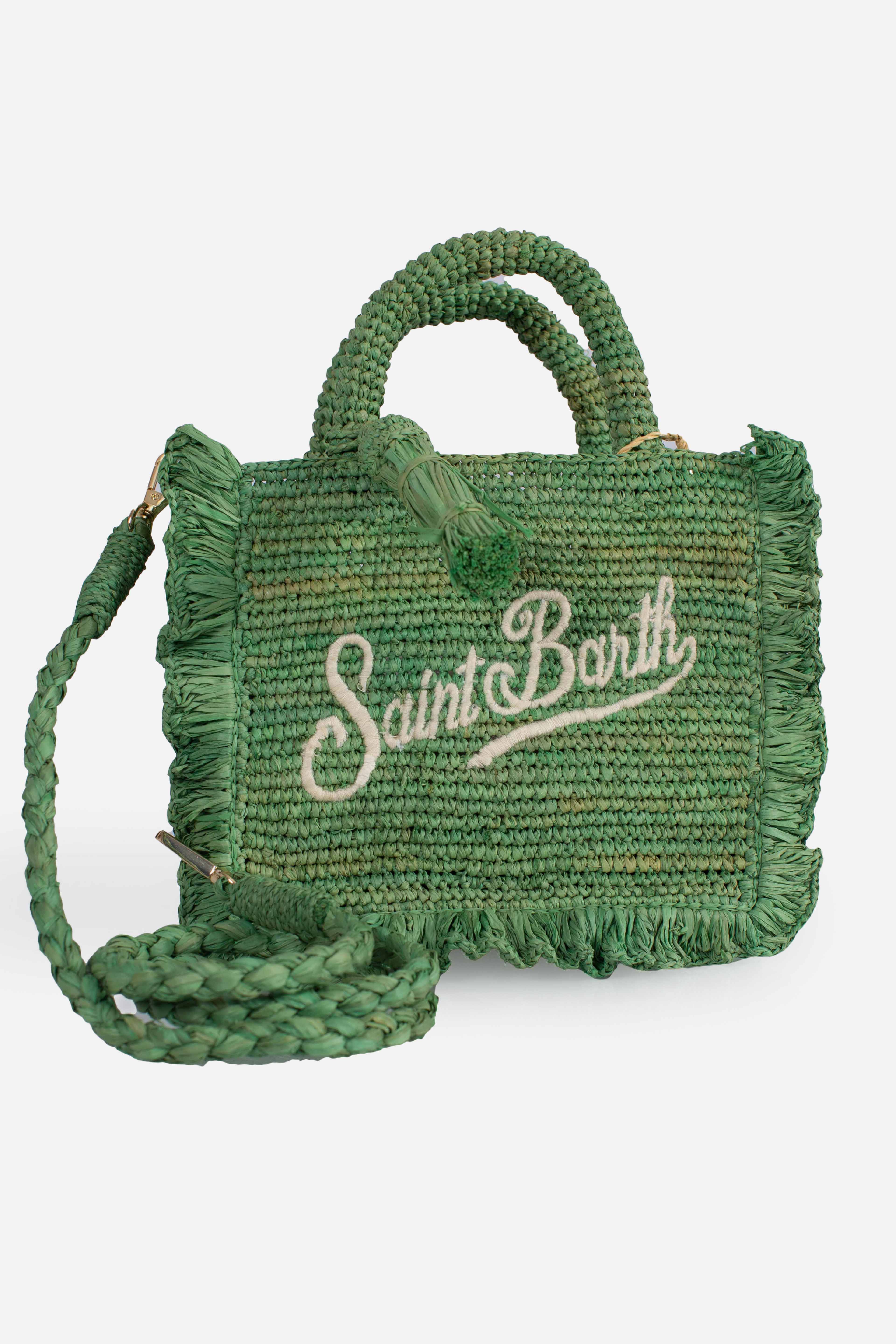 Borsa Volant Mini in raffia verde con logo ricamato