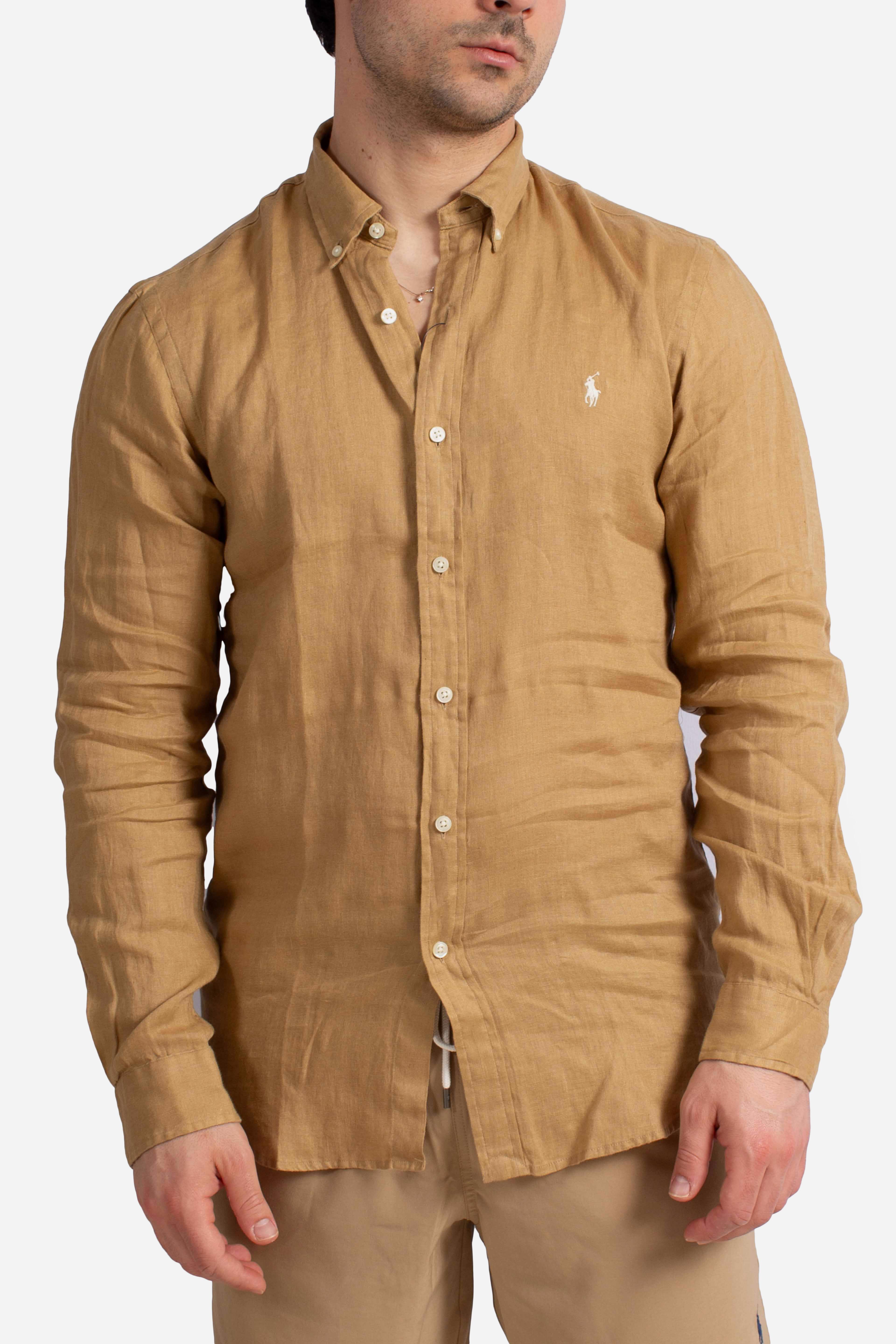 Camicia in lino botton down Slim-Fit cafe tan