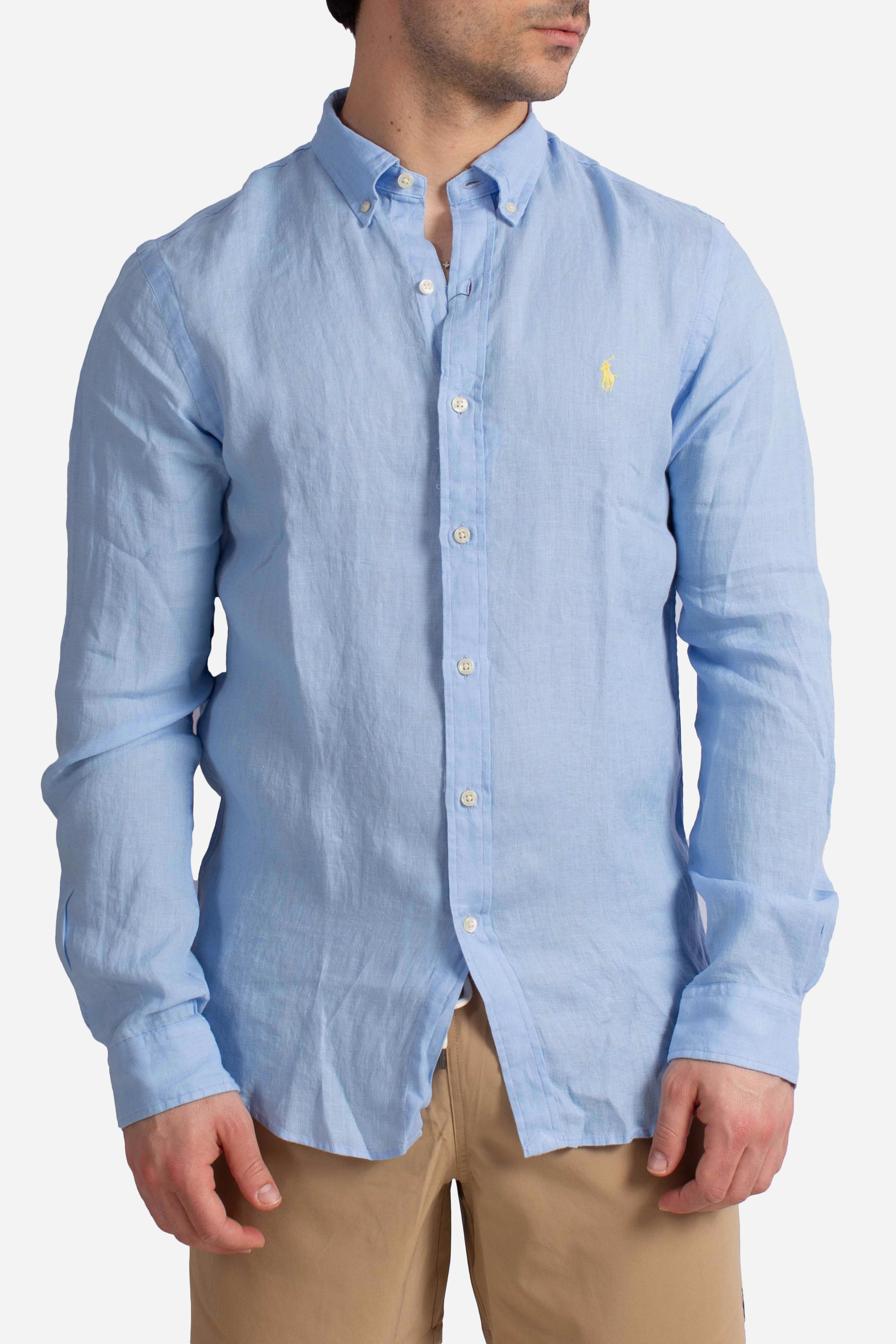 Camicia in lino botton down Slim-Fit light blue