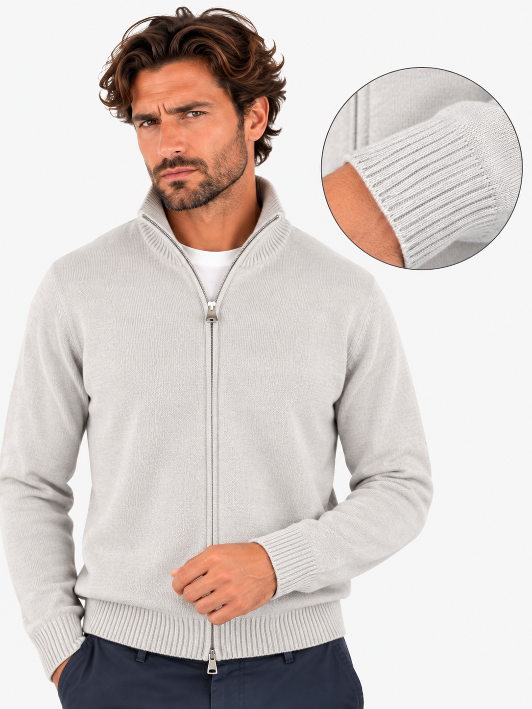 Gran Sasso Full zip uomo in cashmere grigio chiaro