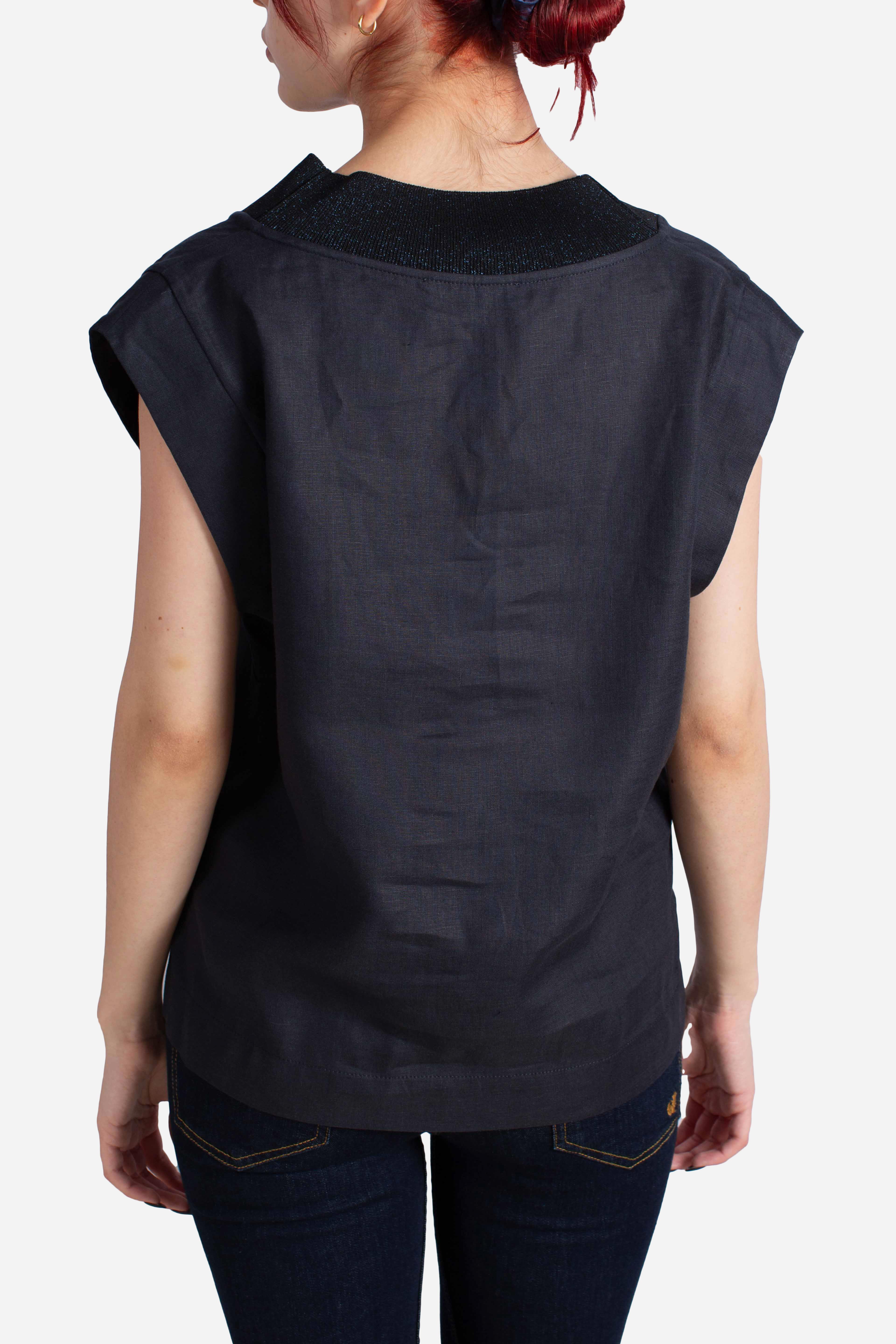 Top in lino con scollo V e dettaglio lurex blu