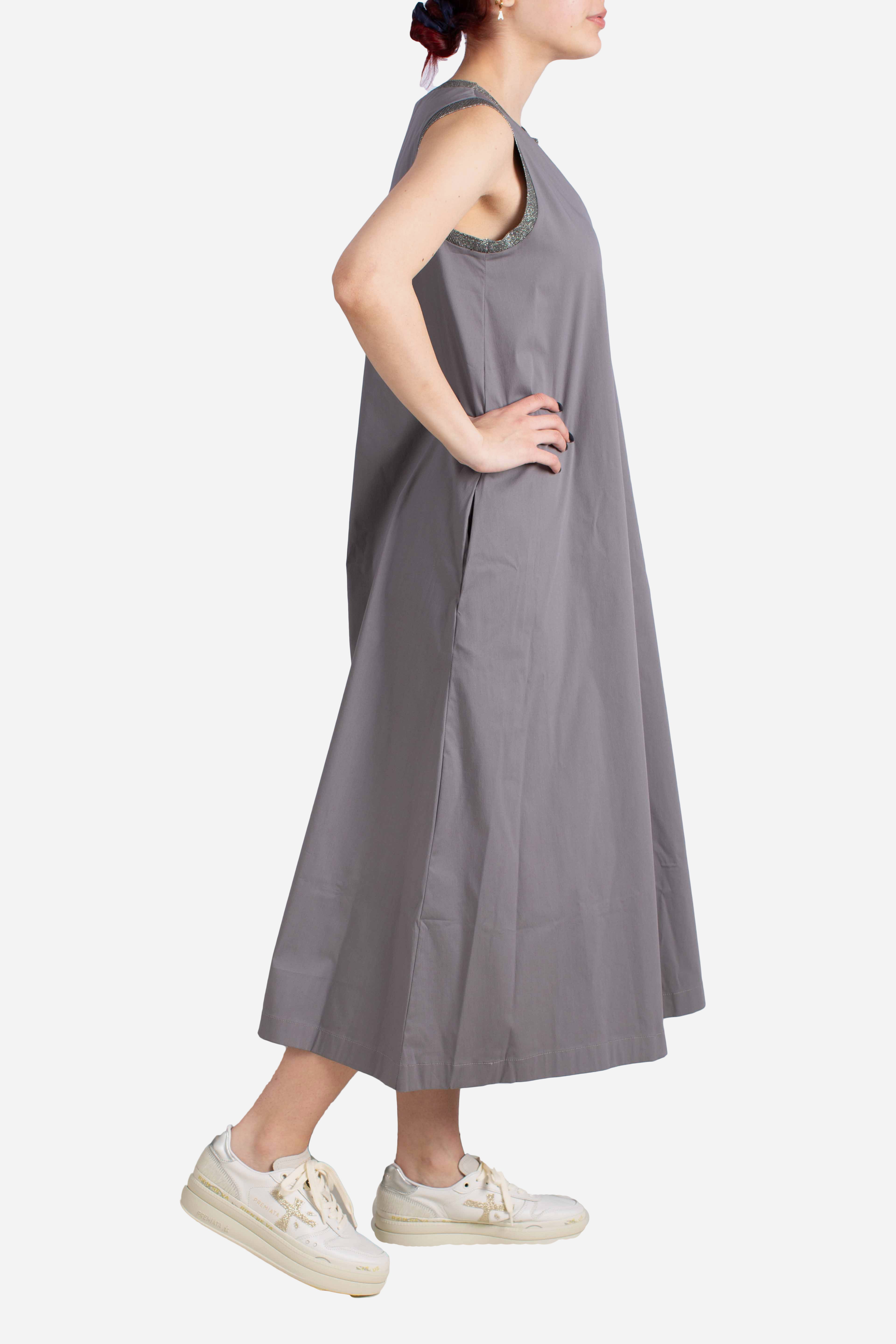 Abito lungo in cotone stretch con profili lurex grigio