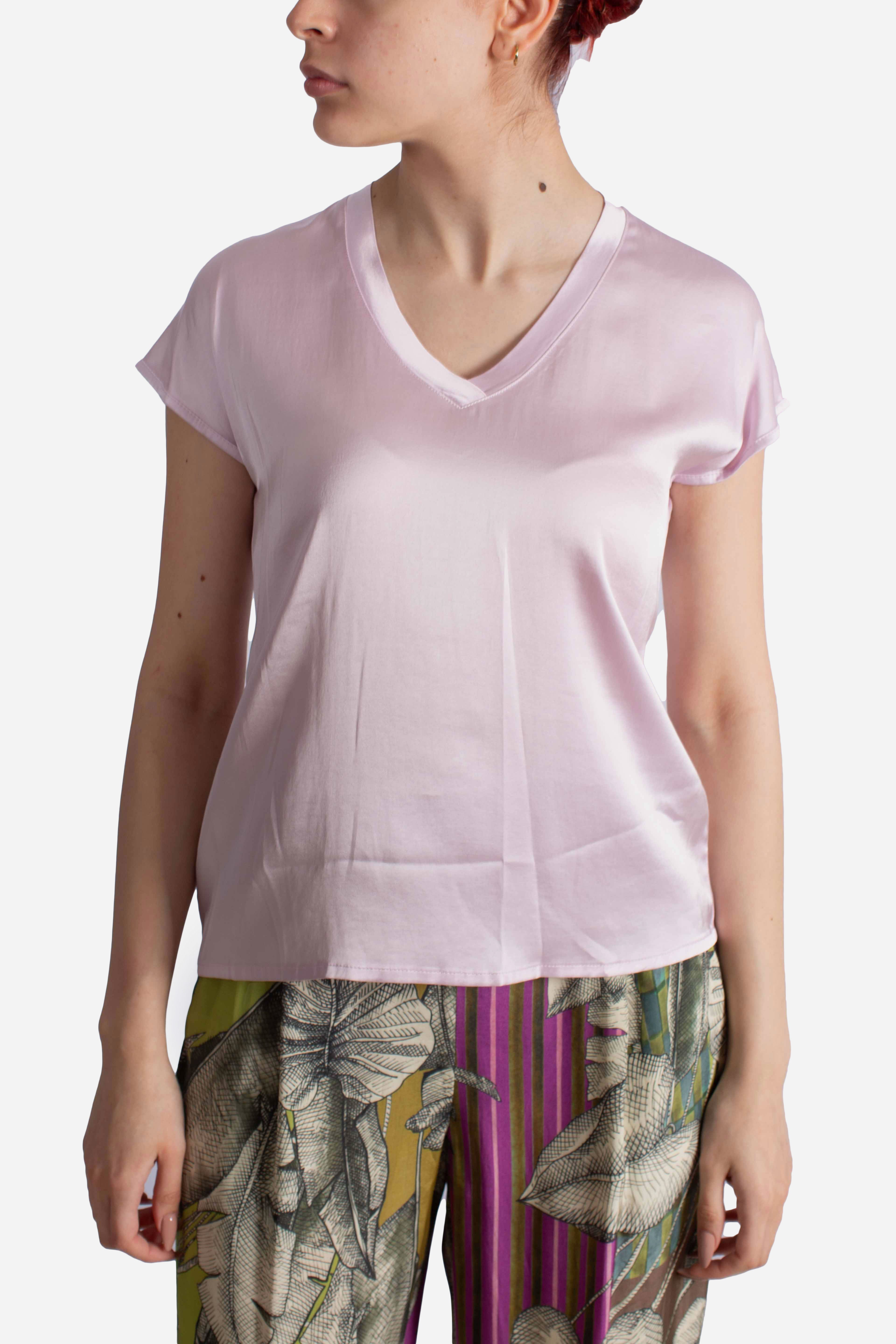 T-shirt donna in viscosa rosa con scollo a V