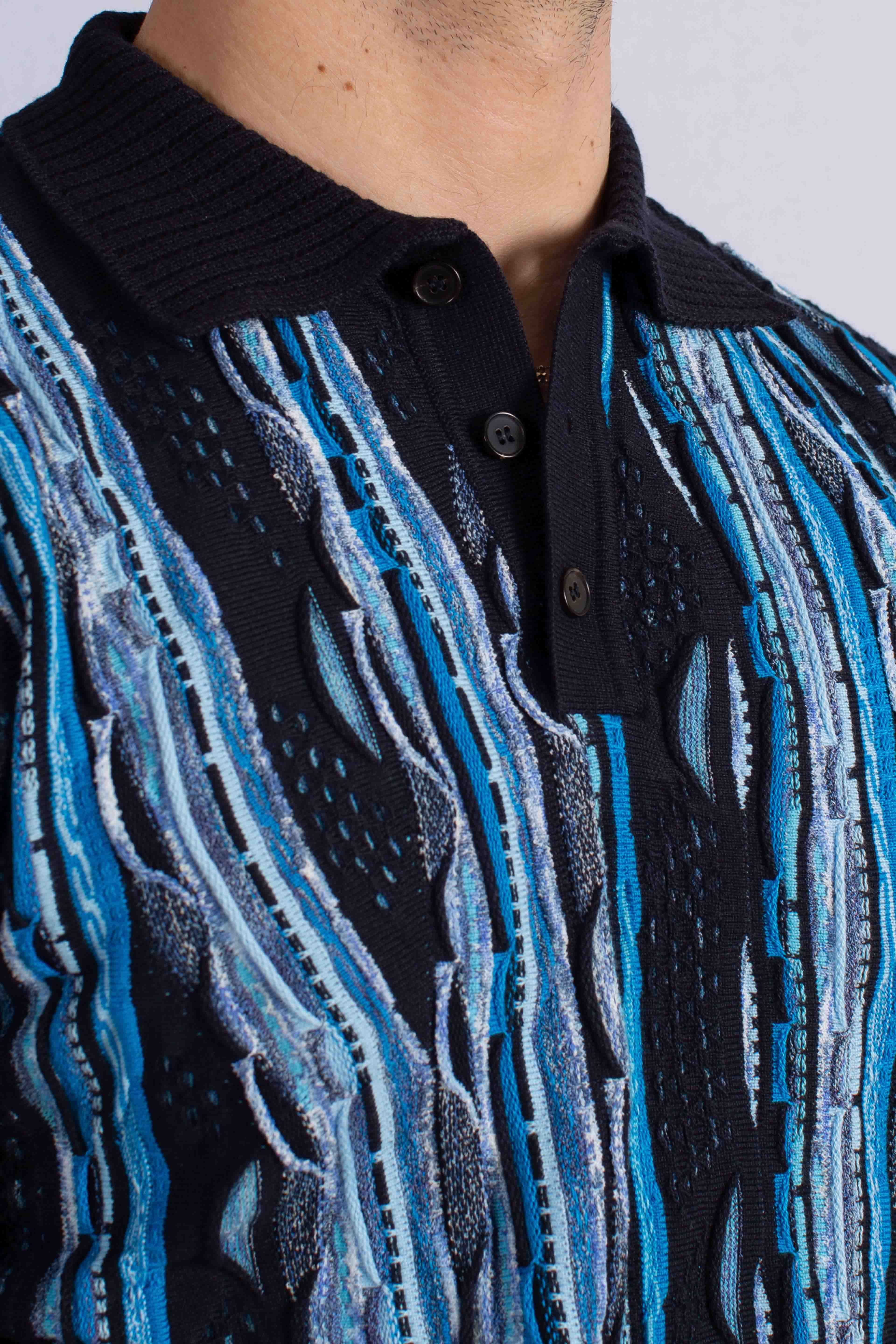 Polo uomo in maglia jacquard blu con fantasia verticale