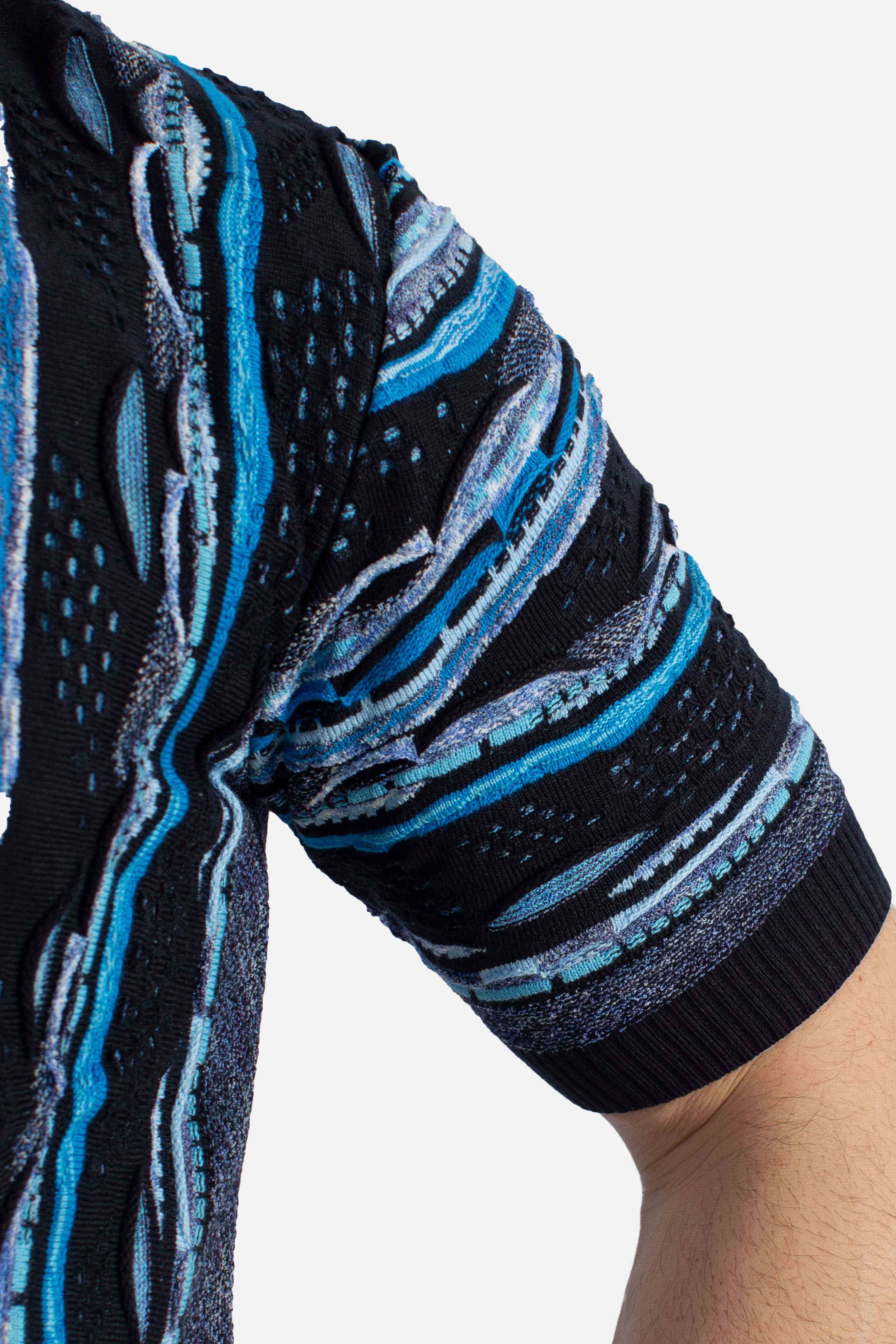 Polo uomo in maglia jacquard blu con fantasia verticale