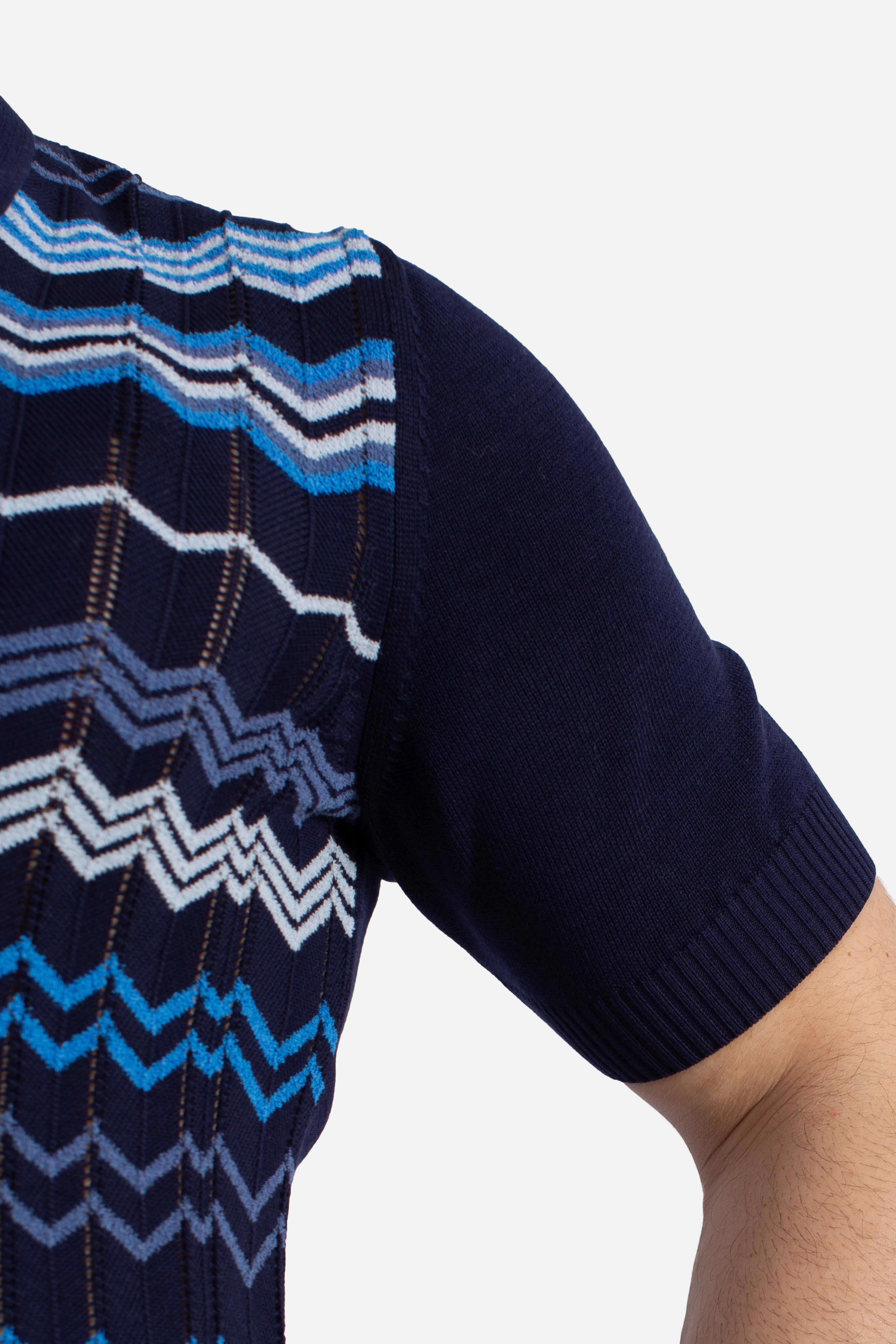 Polo uomo in cotone stretch blu navy con motivo jacquard geometrico