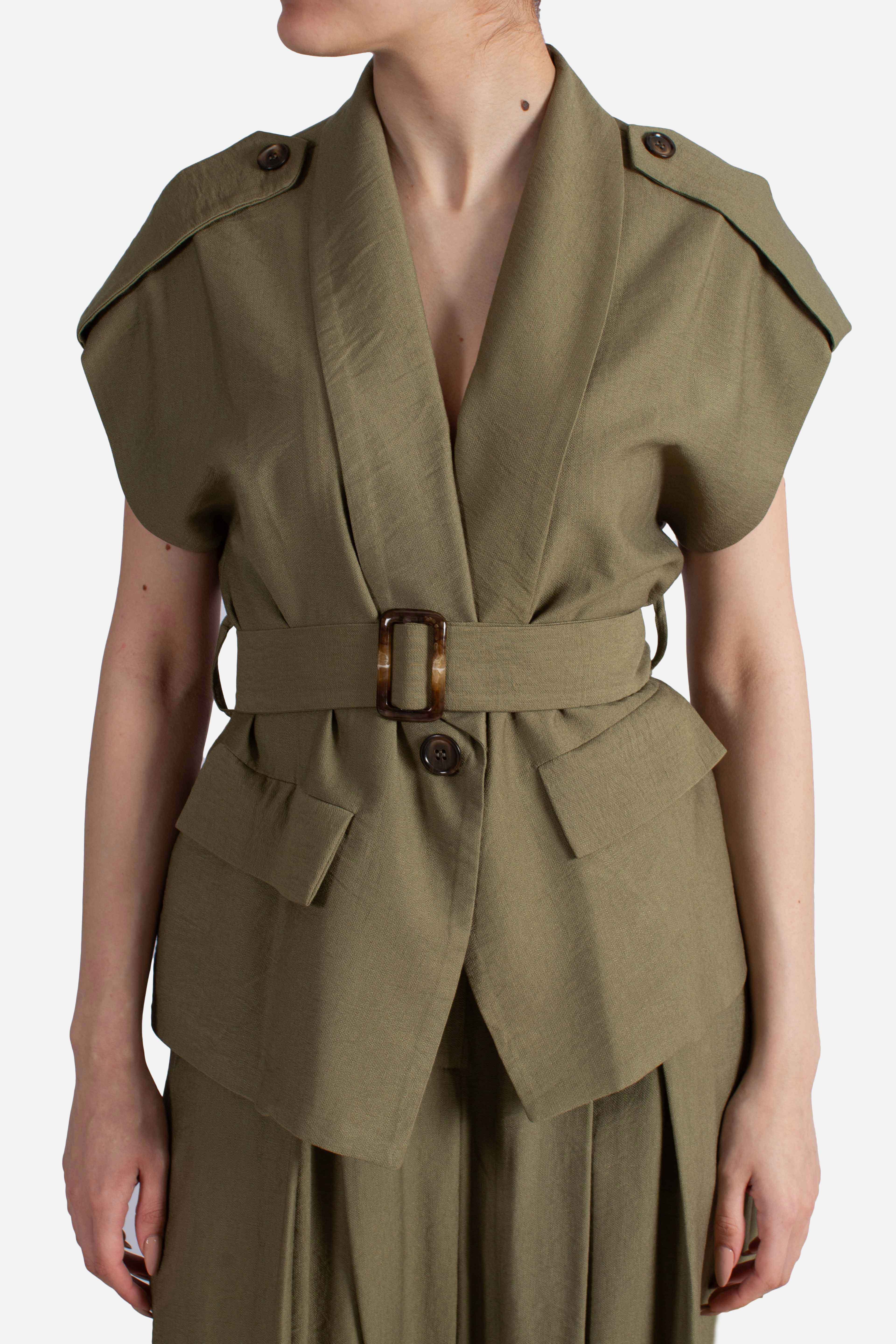 Gilet donna verde militare con cintura in vita