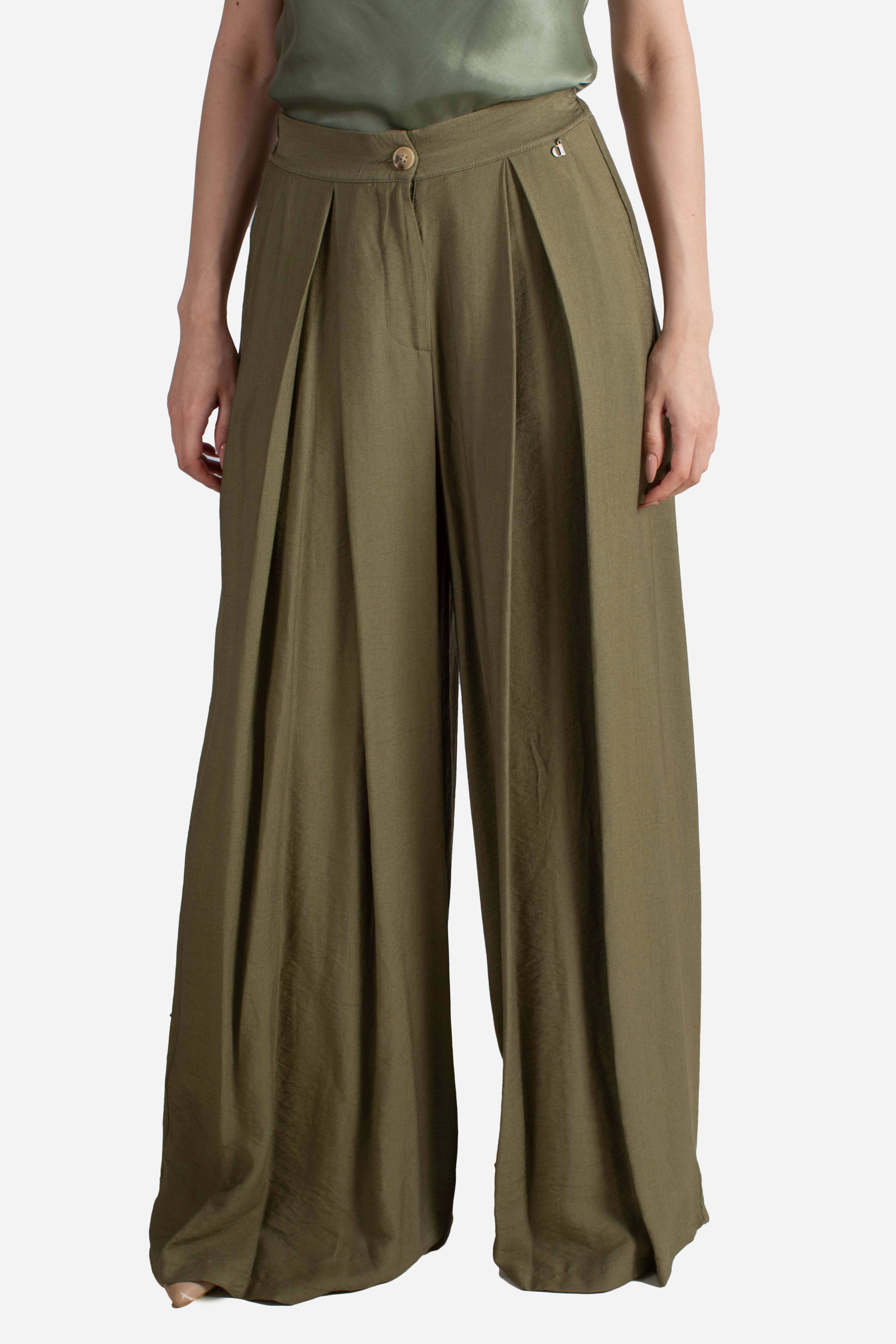 Pantalone donna verde militare a gamba ampia