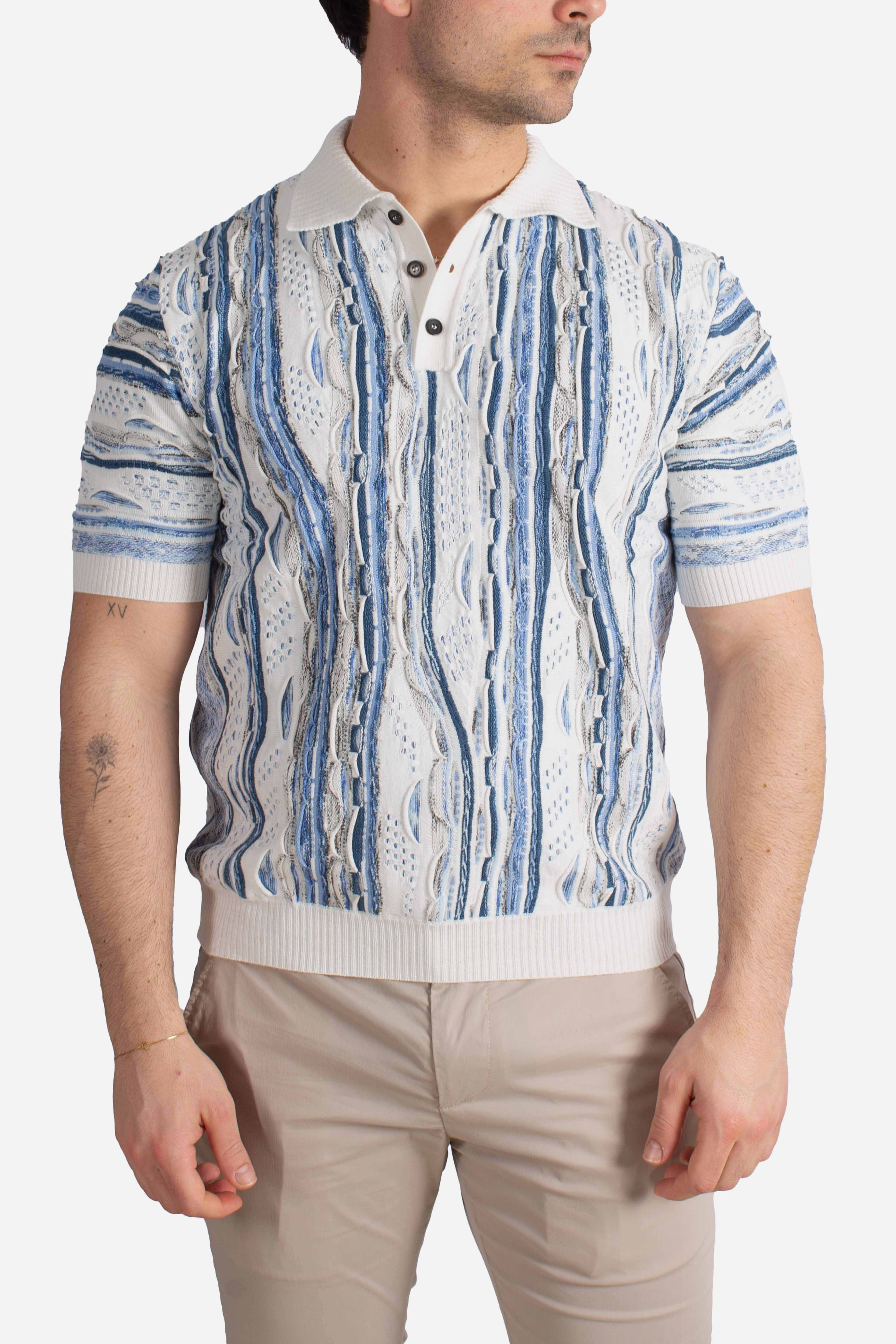 Polo uomo in maglia jacquard bianca con fantasia verticale nei toni del blu
