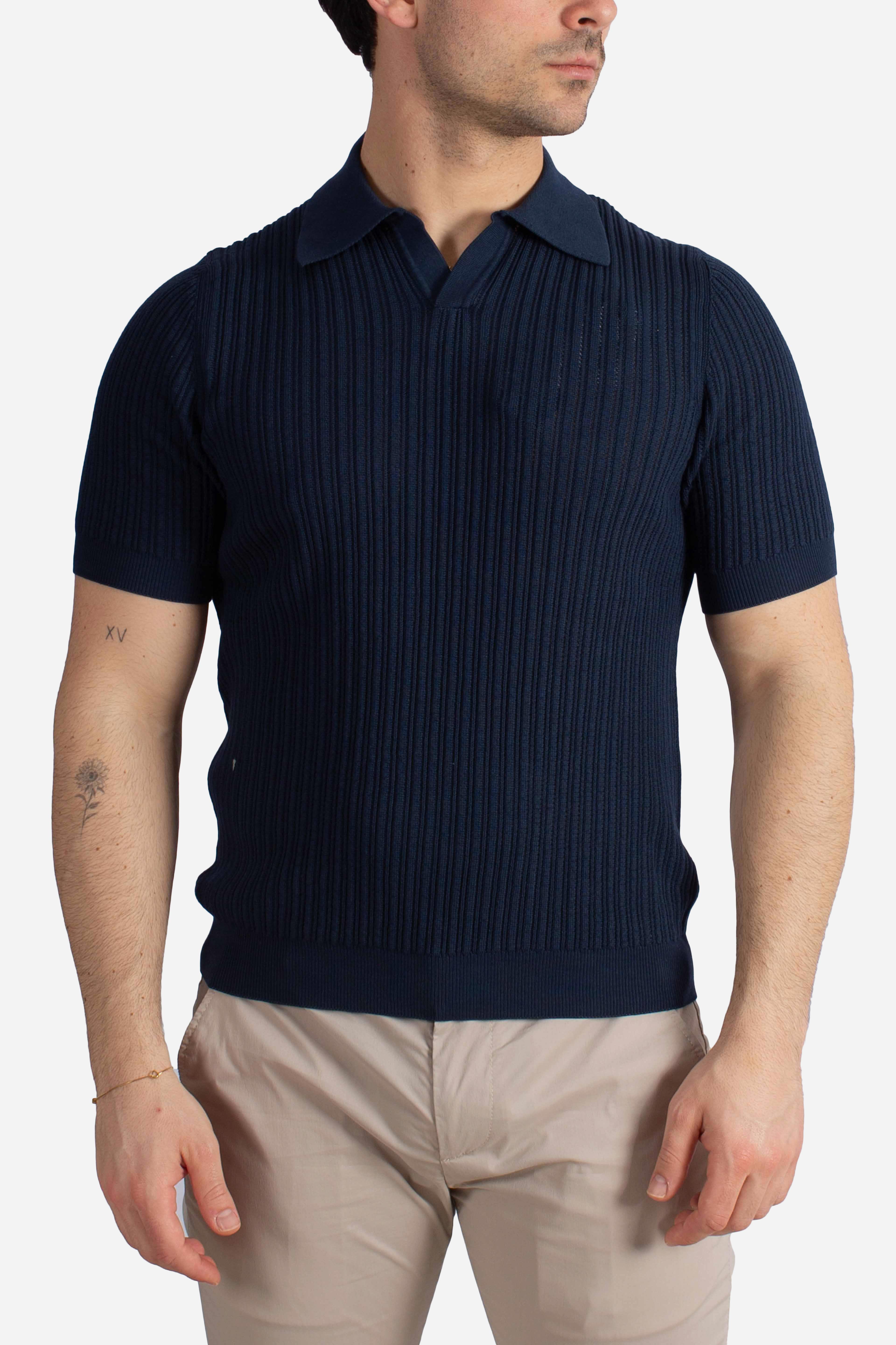 Polo uomo in maglia a coste blu navy in puro cotone