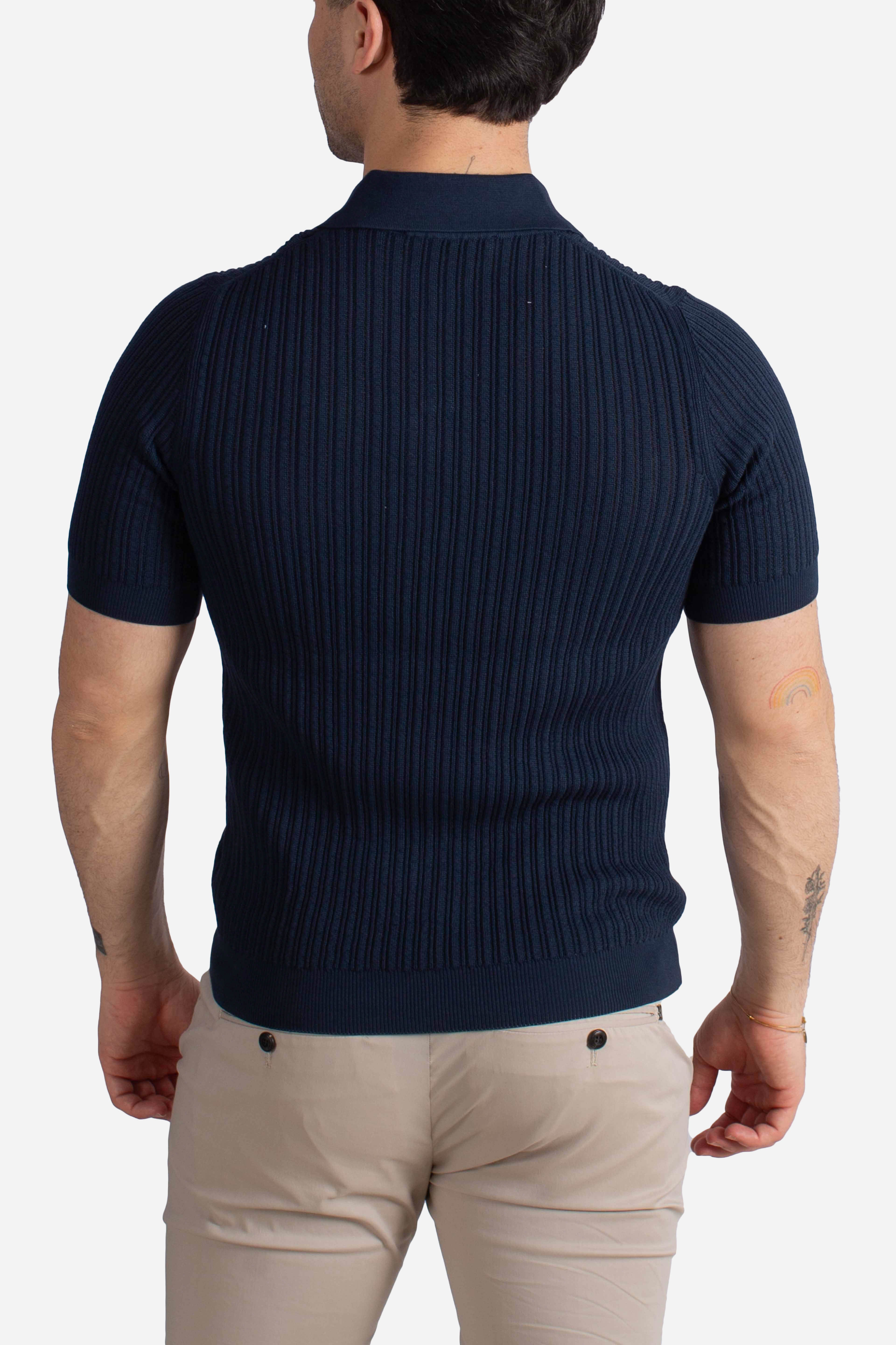 Polo uomo in maglia a coste blu navy in puro cotone