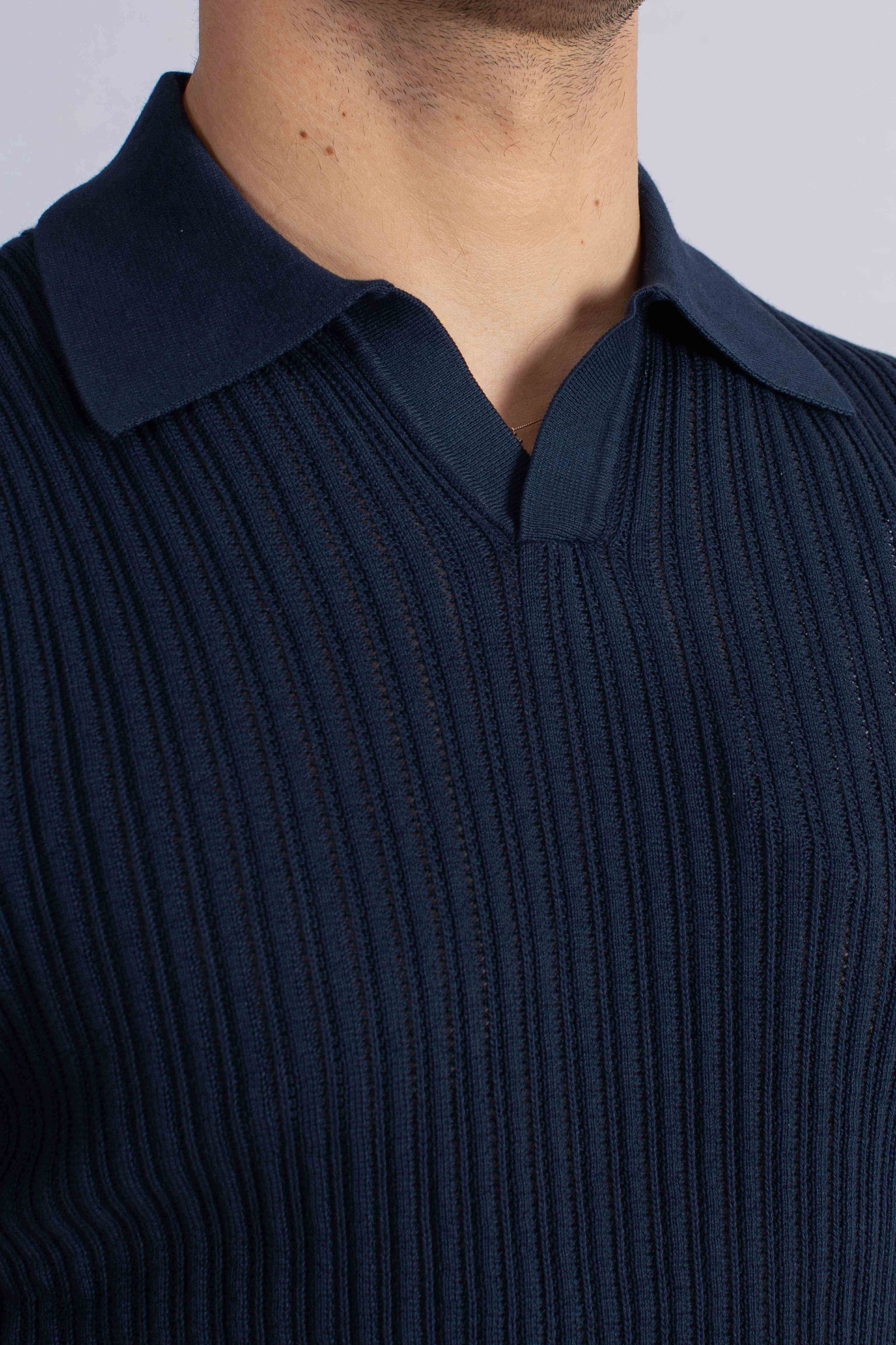 Polo uomo in maglia a coste blu navy in puro cotone