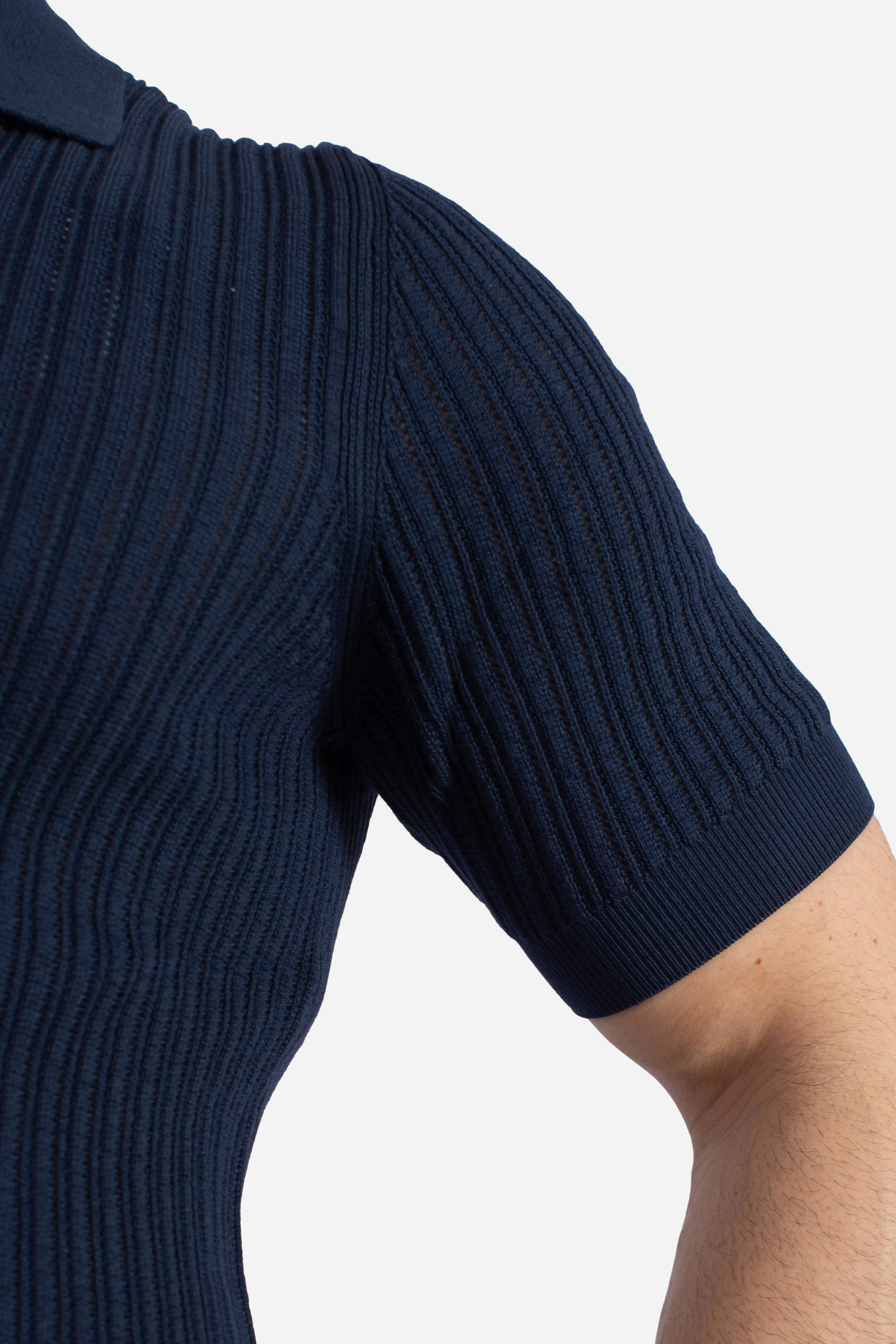 Polo uomo in maglia a coste blu navy in puro cotone