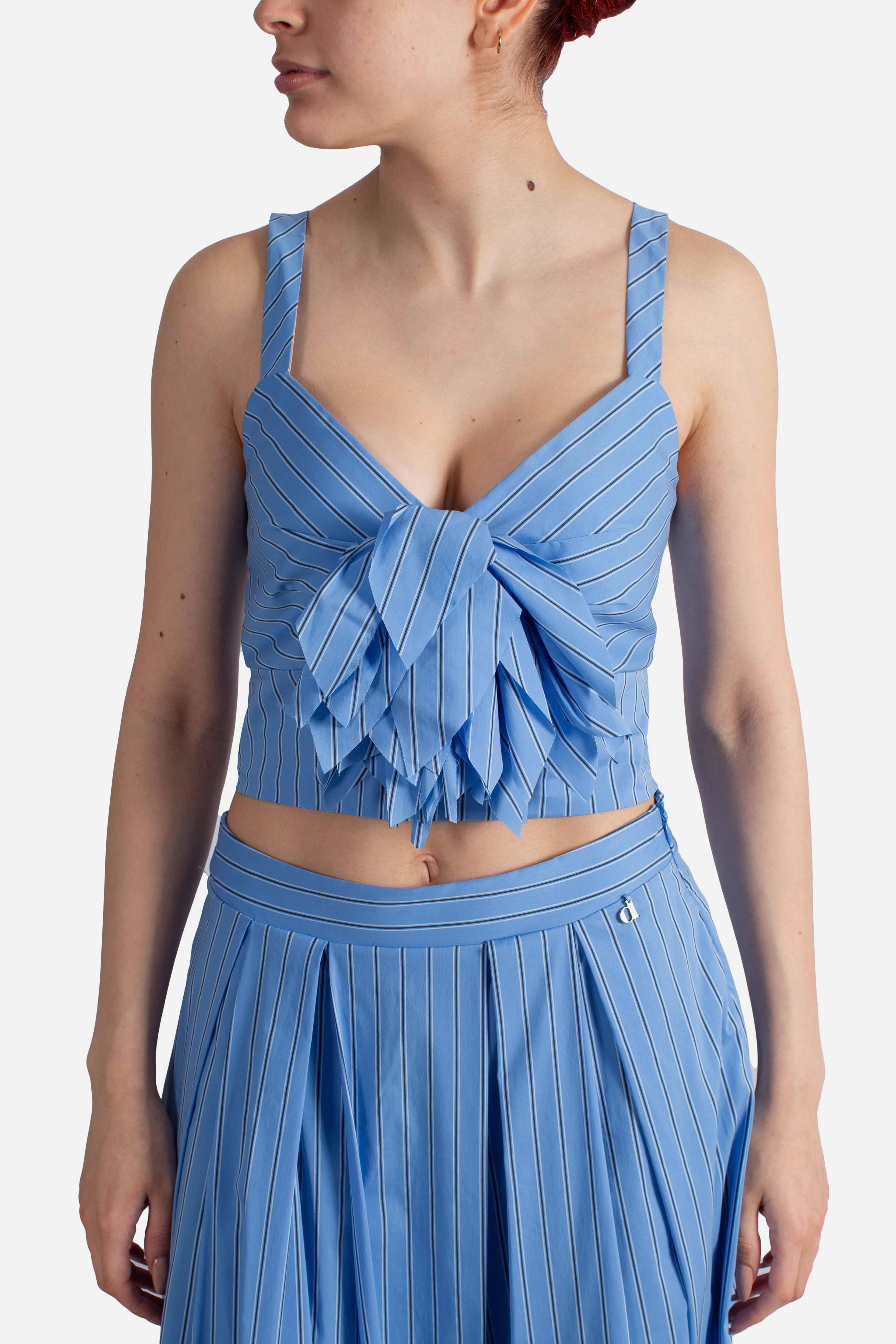 Top donna azzurro a righe con fiocco frontale