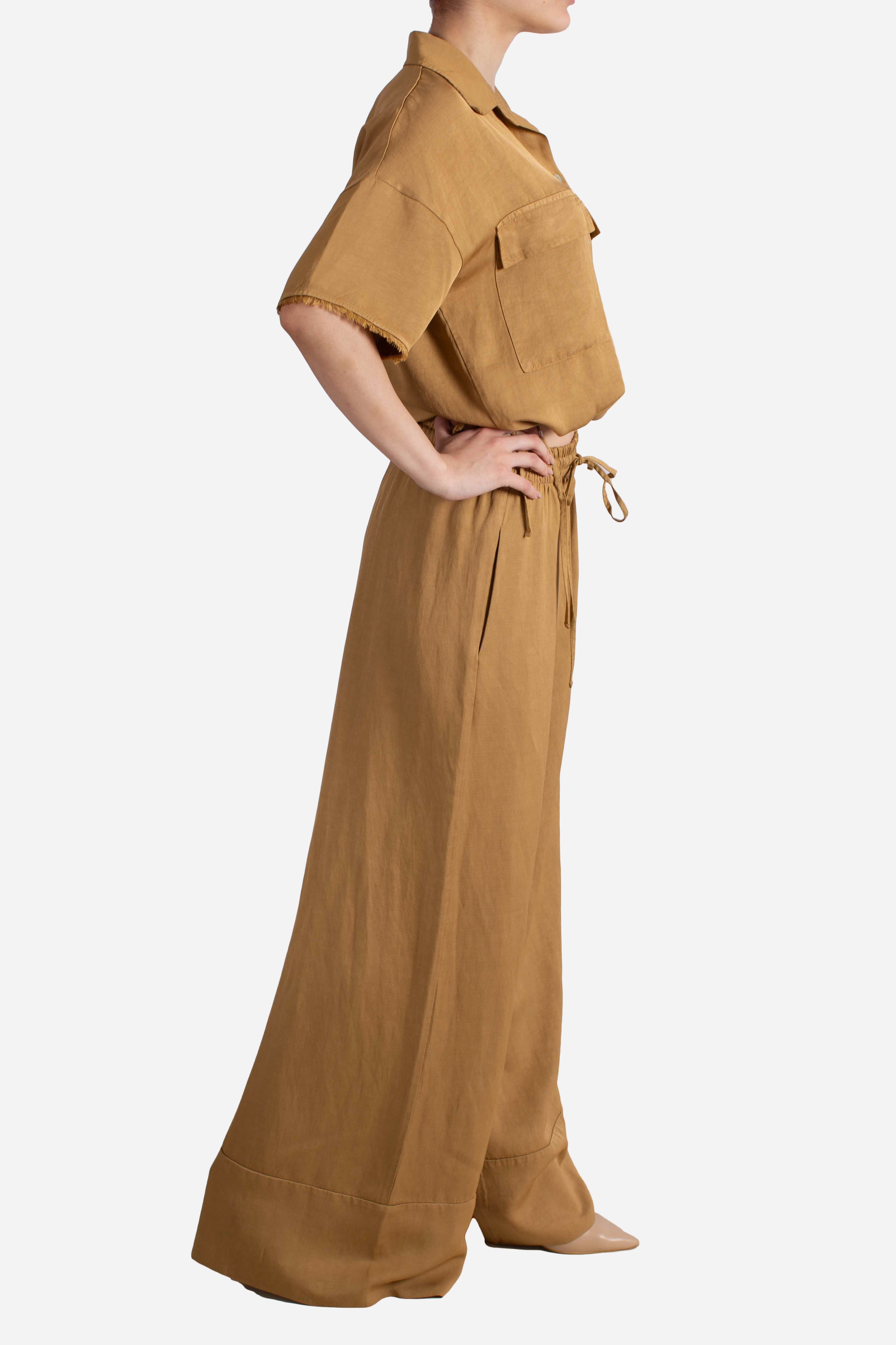 Pantalone palazzo donna color cammello in misto viscosa e lino