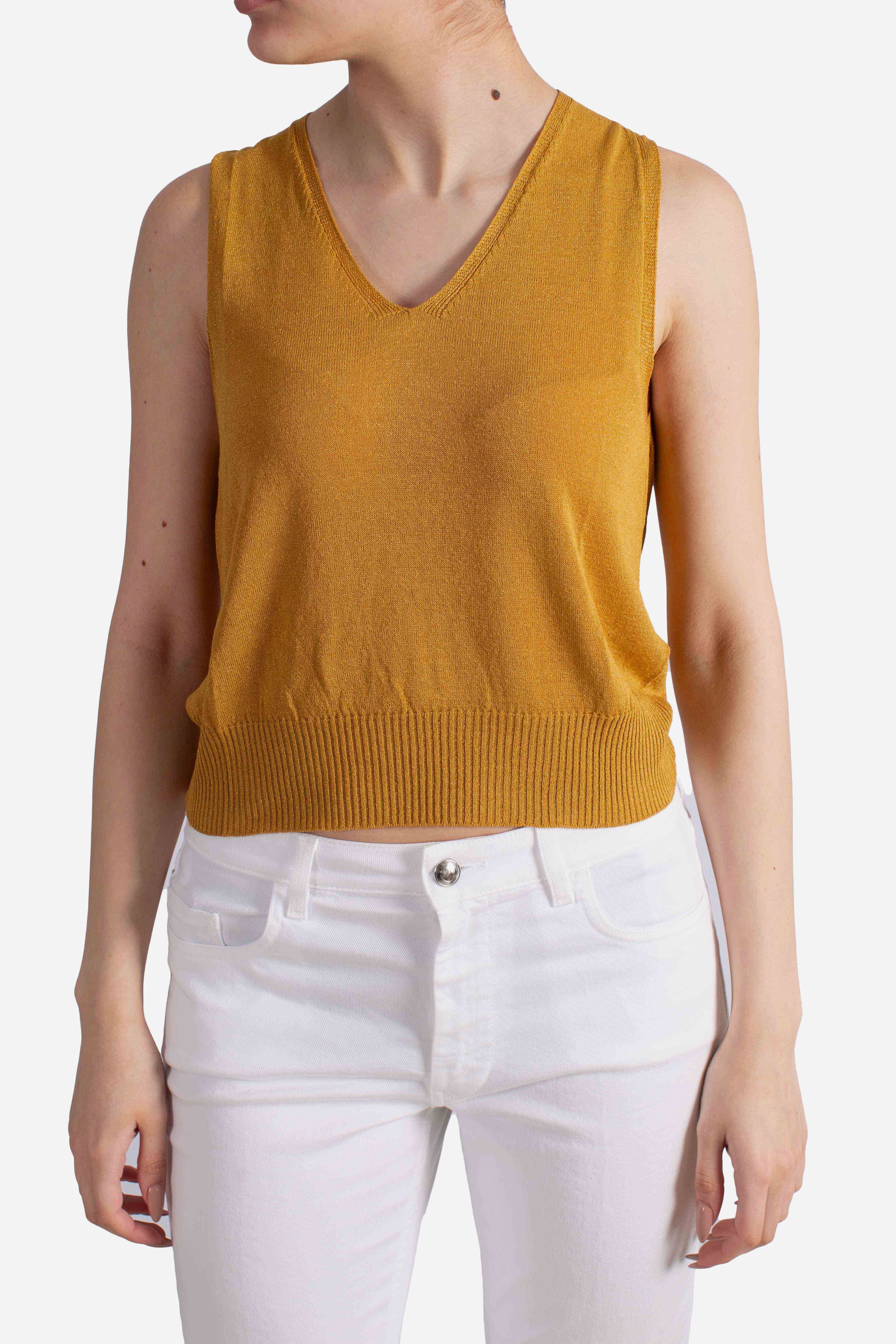 Top smanicato donna in maglia color senape