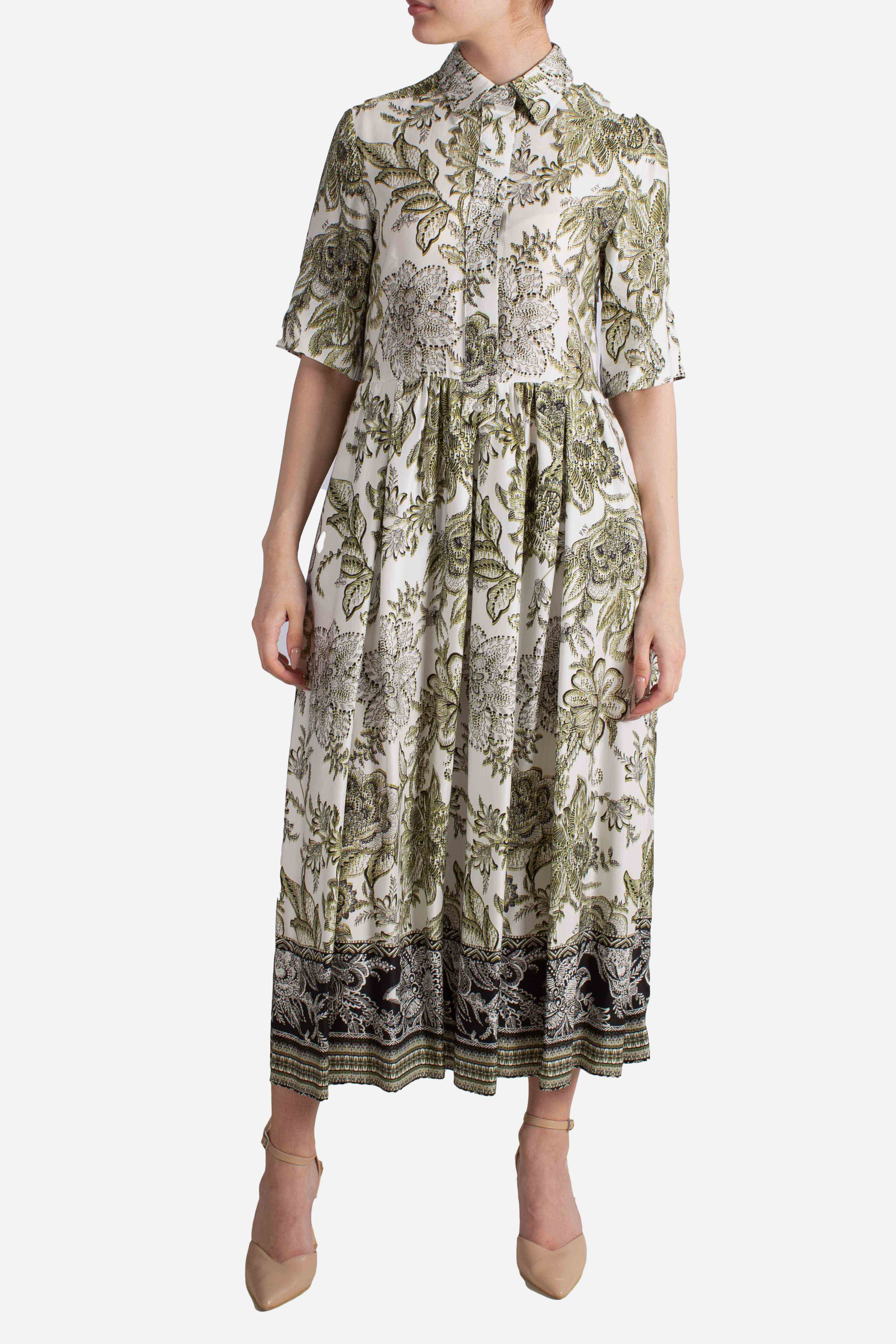 Abito Chemisier in Twill di Viscosa bianco verde nero