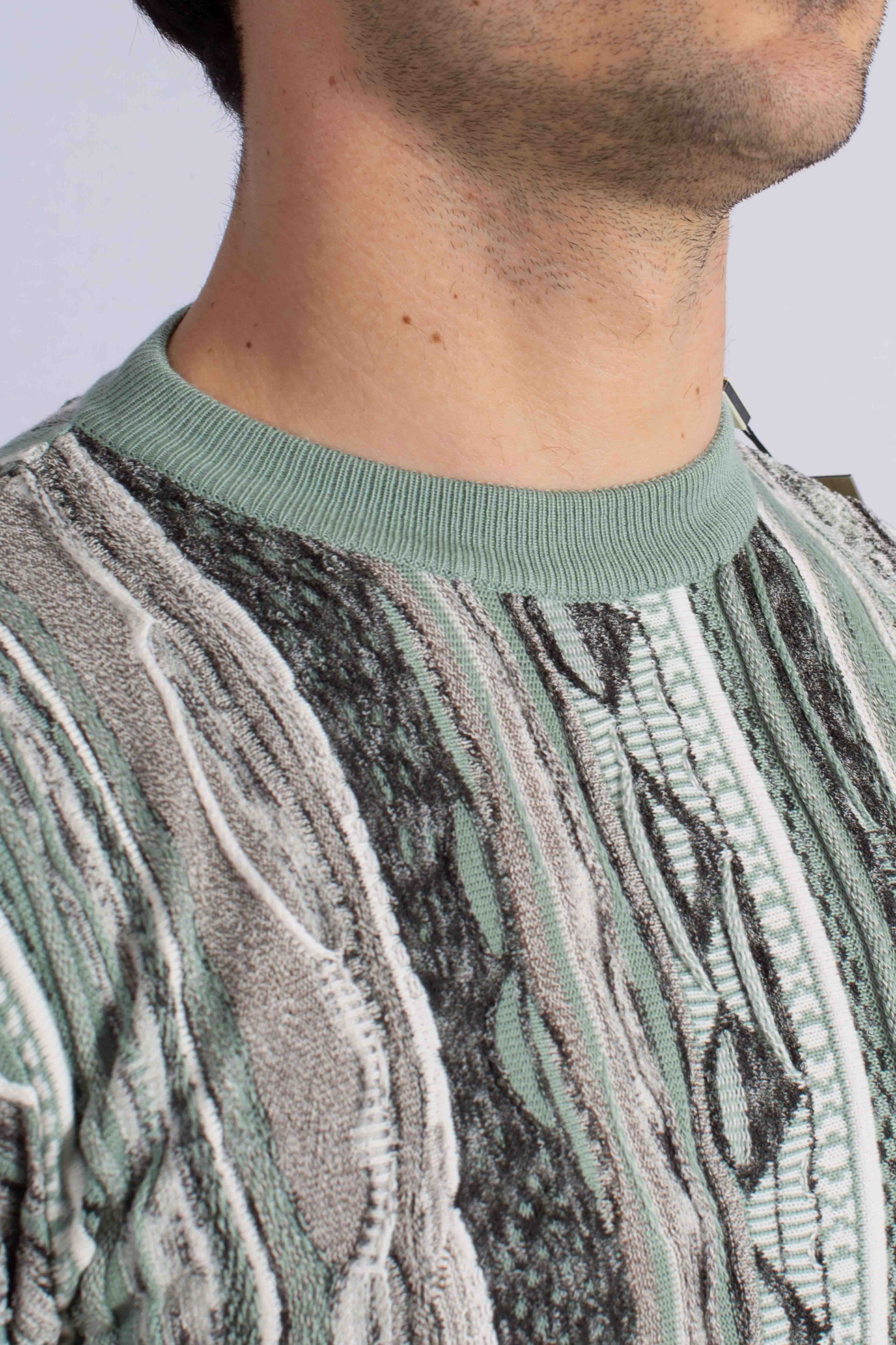Maglia uomo mezza manica in cotone blend con fantasia jacquard verde salvia