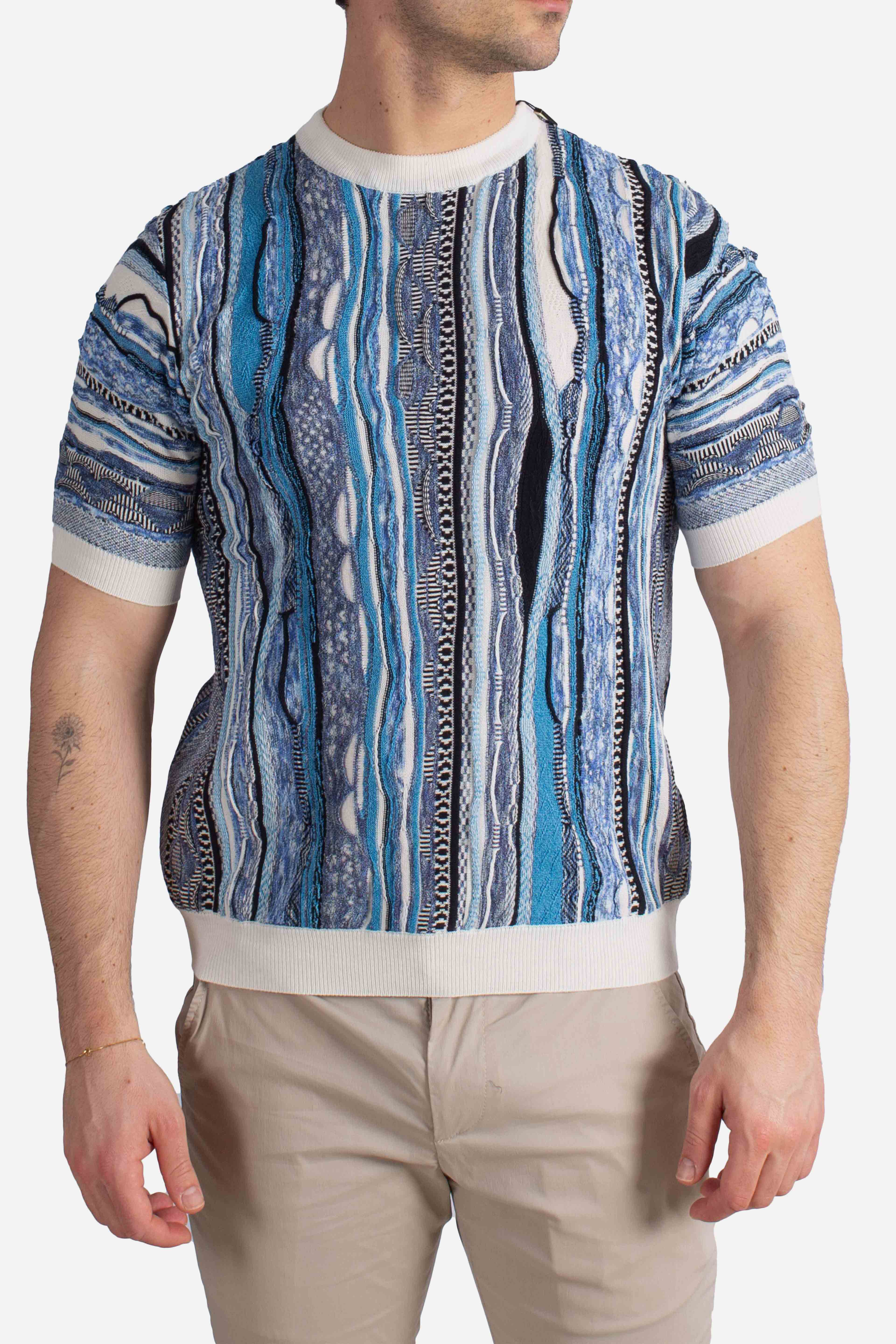 Maglia uomo mezza manica in cotone blend con fantasia jacquard nei toni del blu