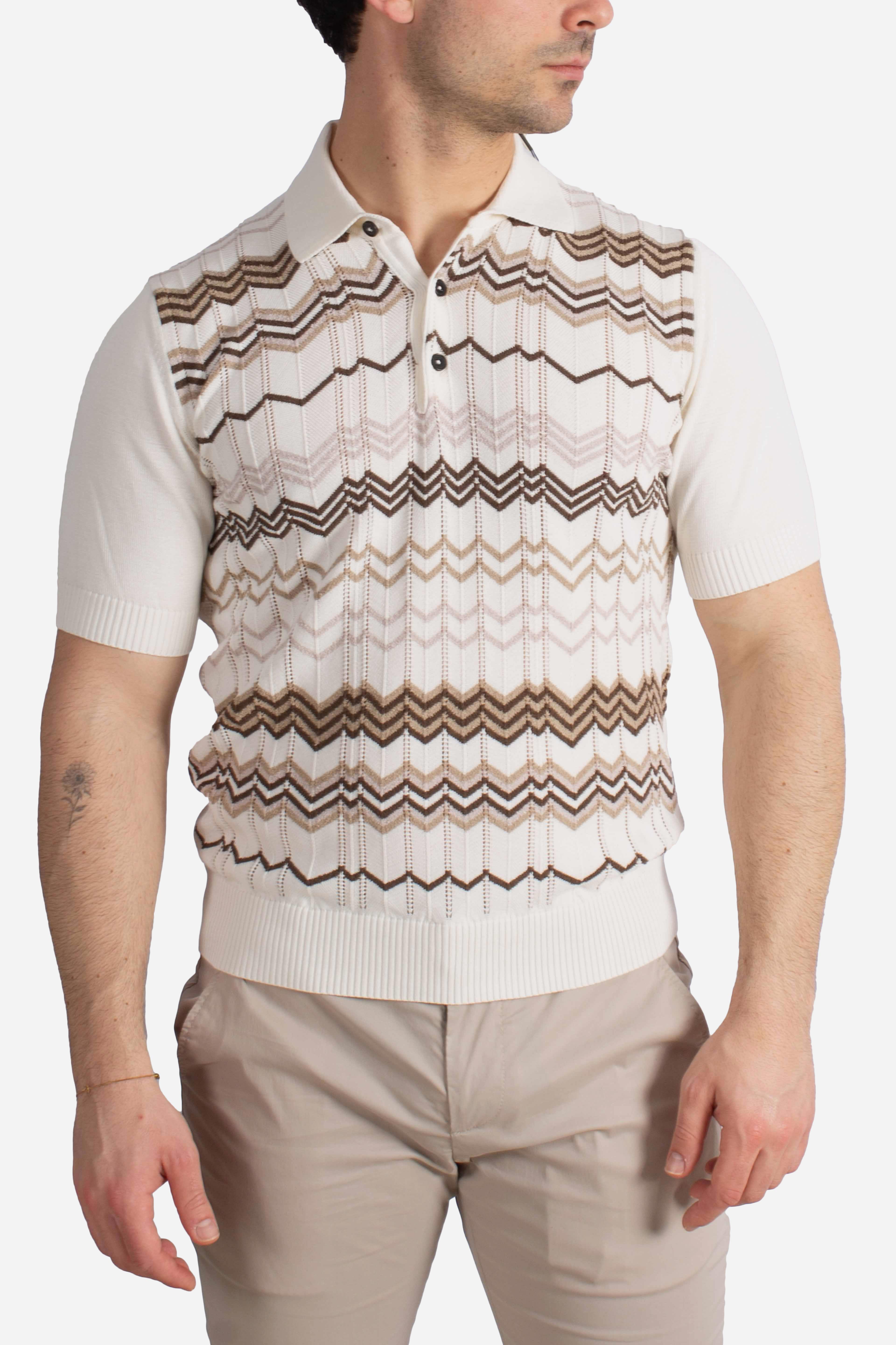 Polo uomo in cotone stretch panna con motivo jacquard geometrico
