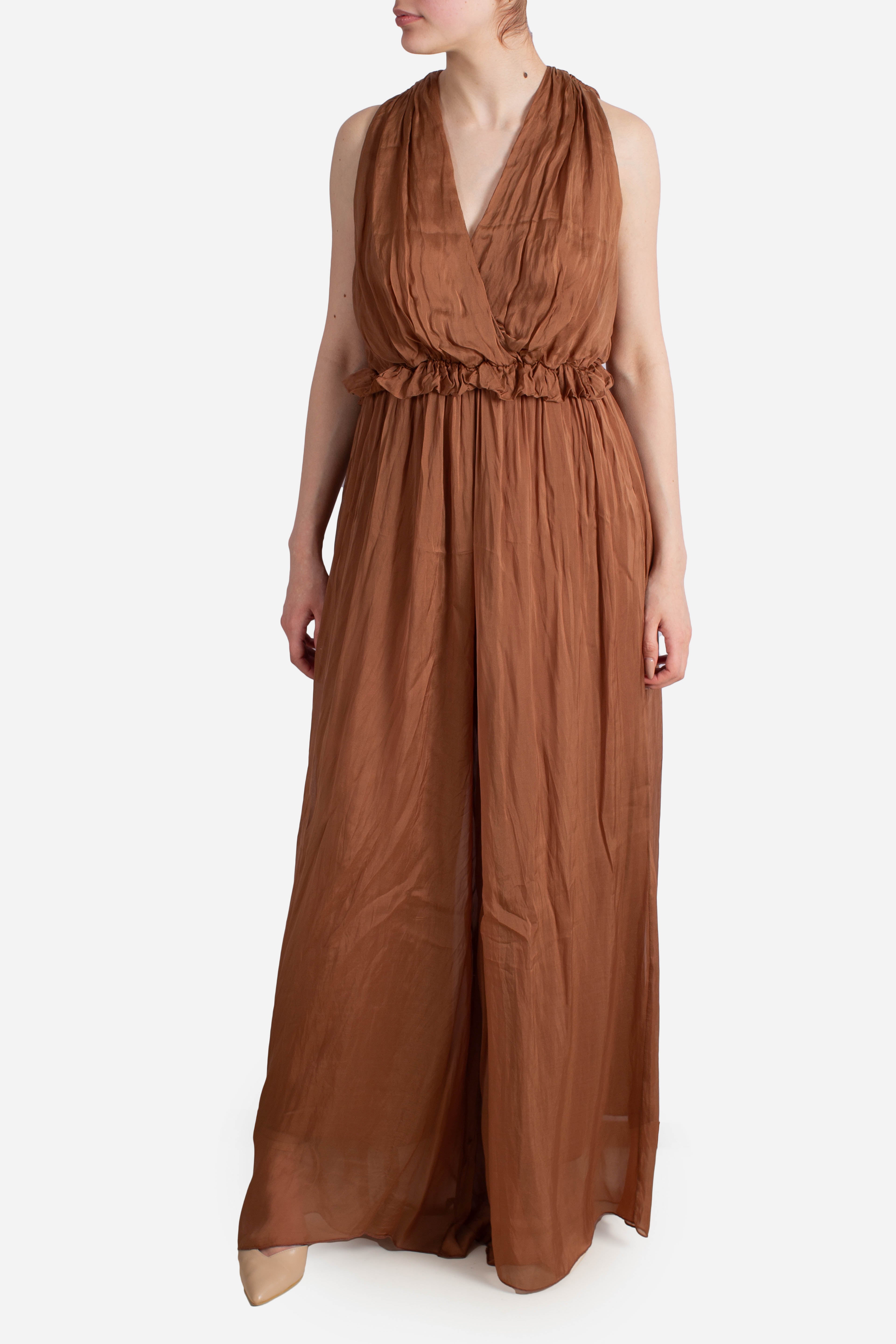 Tuta lunga donna effetto satinato tabacco