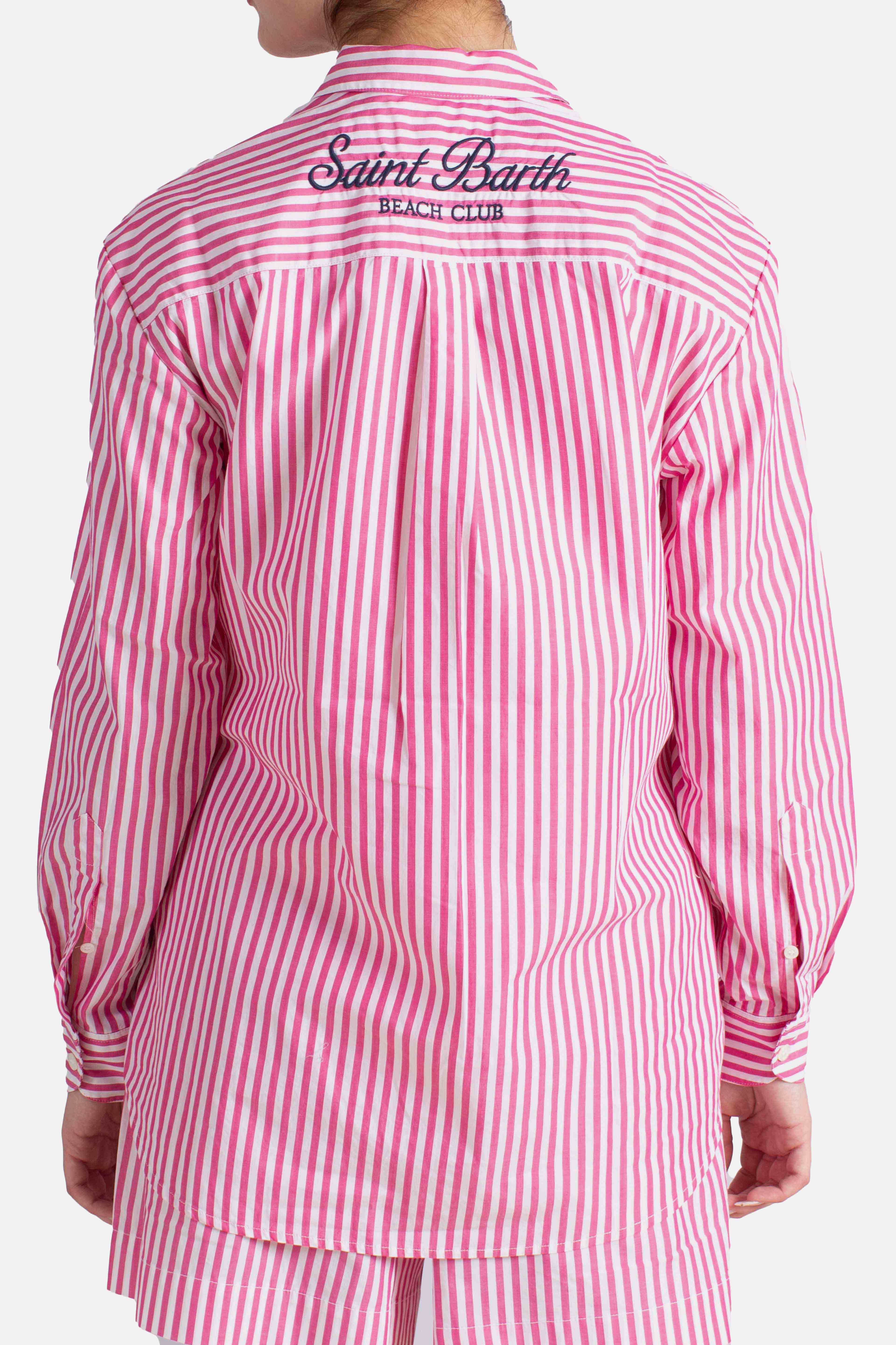 Camicia Brigitte in cotone a righe bianco fucsia con ricamo Sport Club