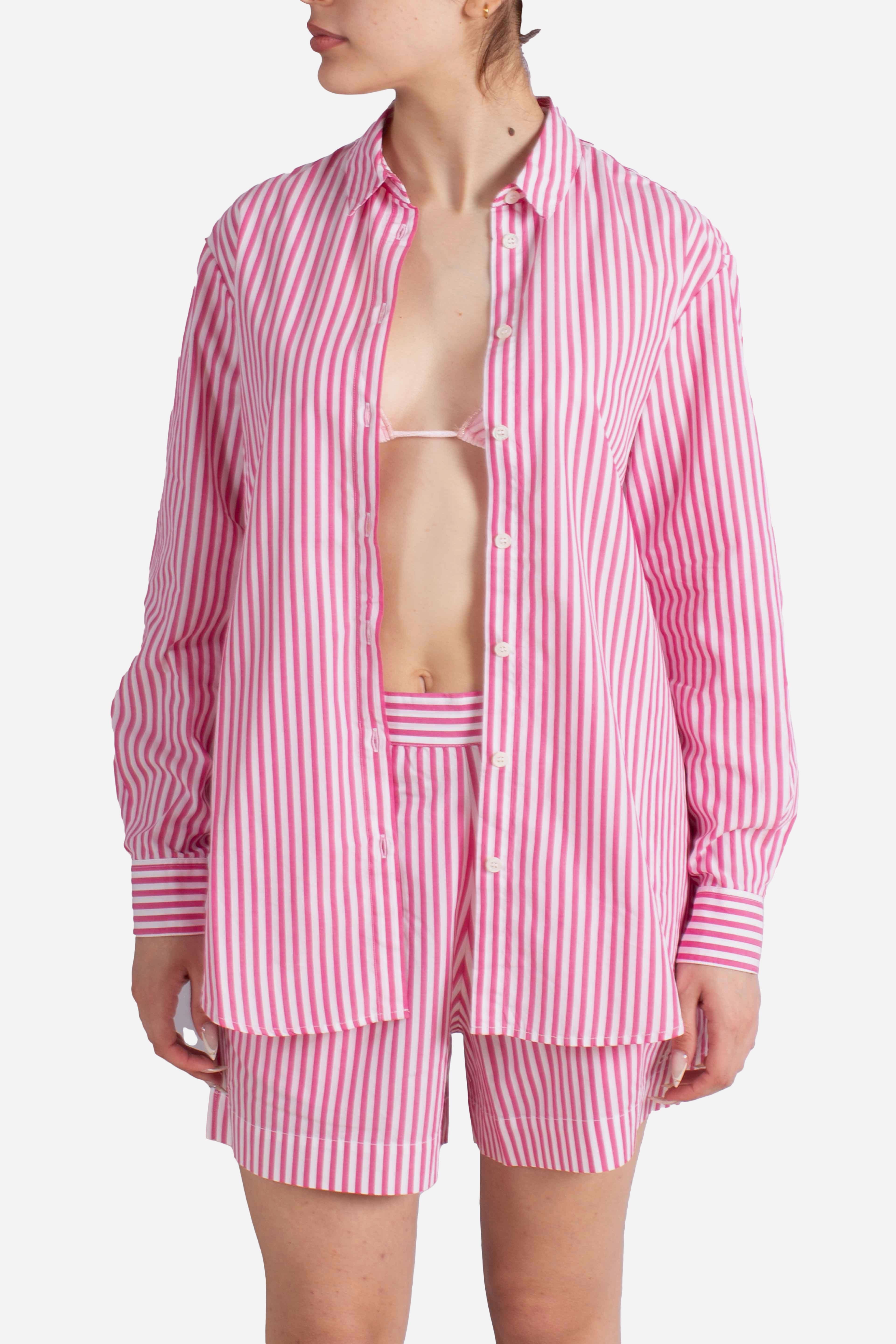 Camicia Brigitte in cotone a righe bianco fucsia con ricamo Sport Club