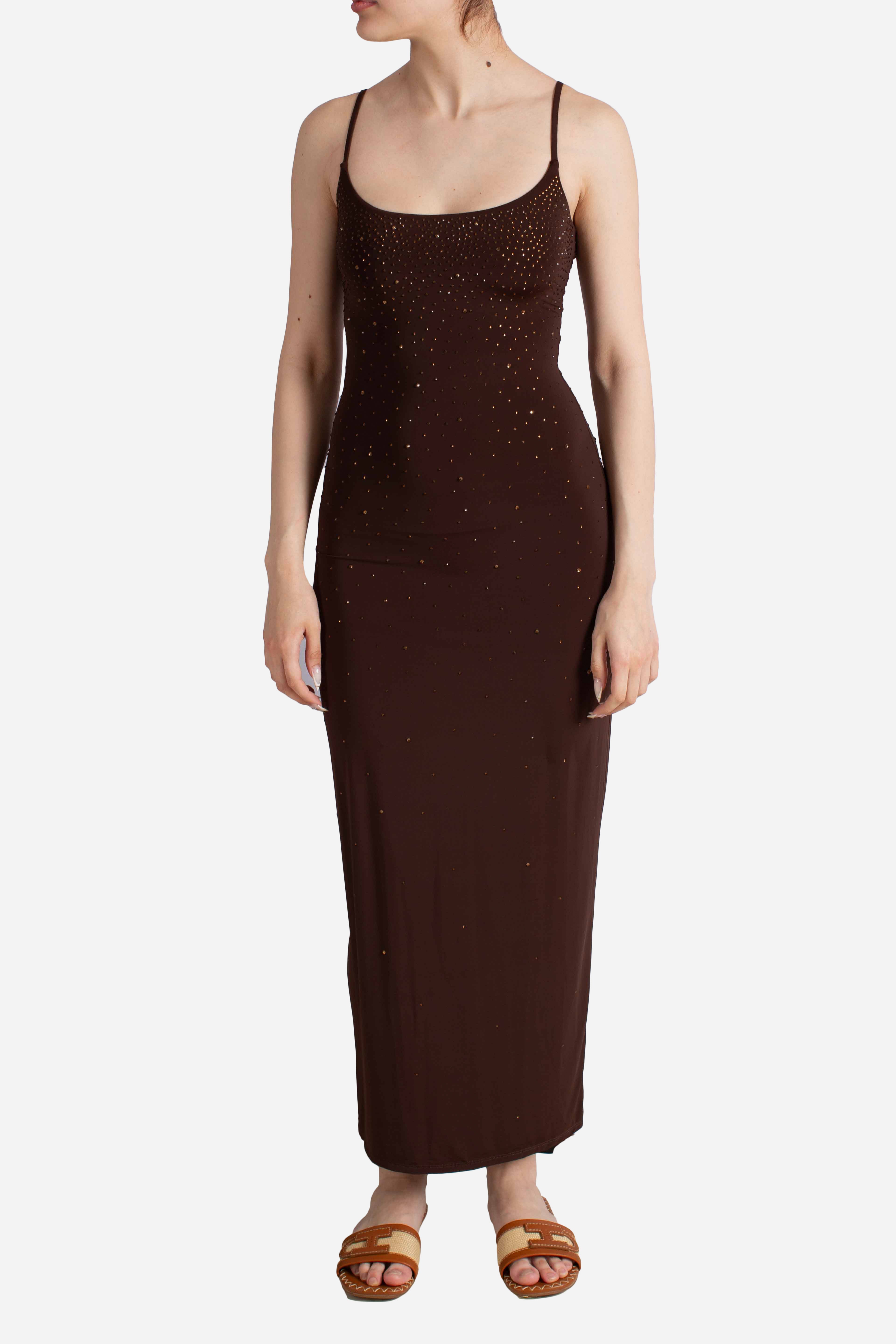 Abito lungo Evy marrone con strass effetto degradé