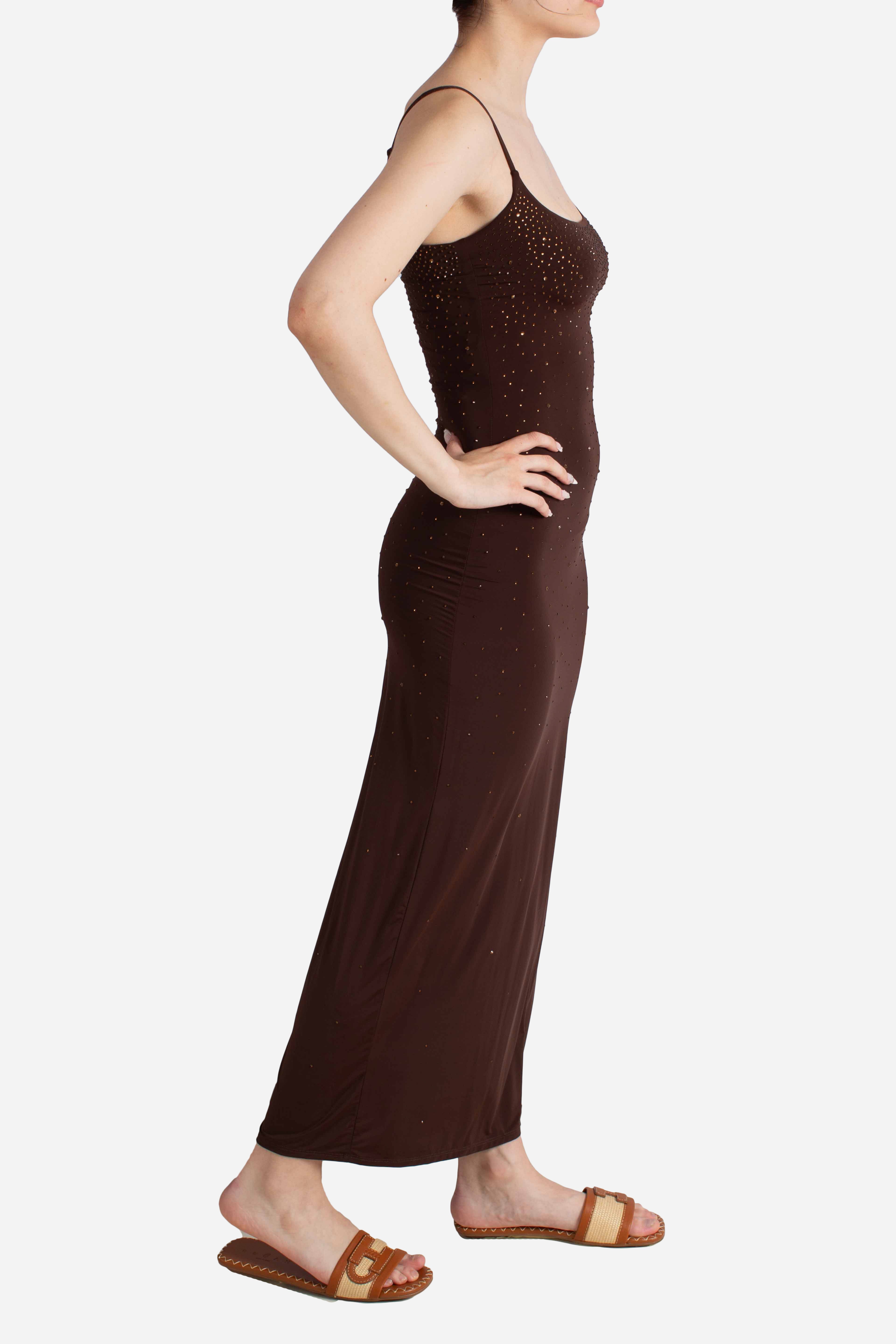 Abito lungo Evy marrone con strass effetto degradé