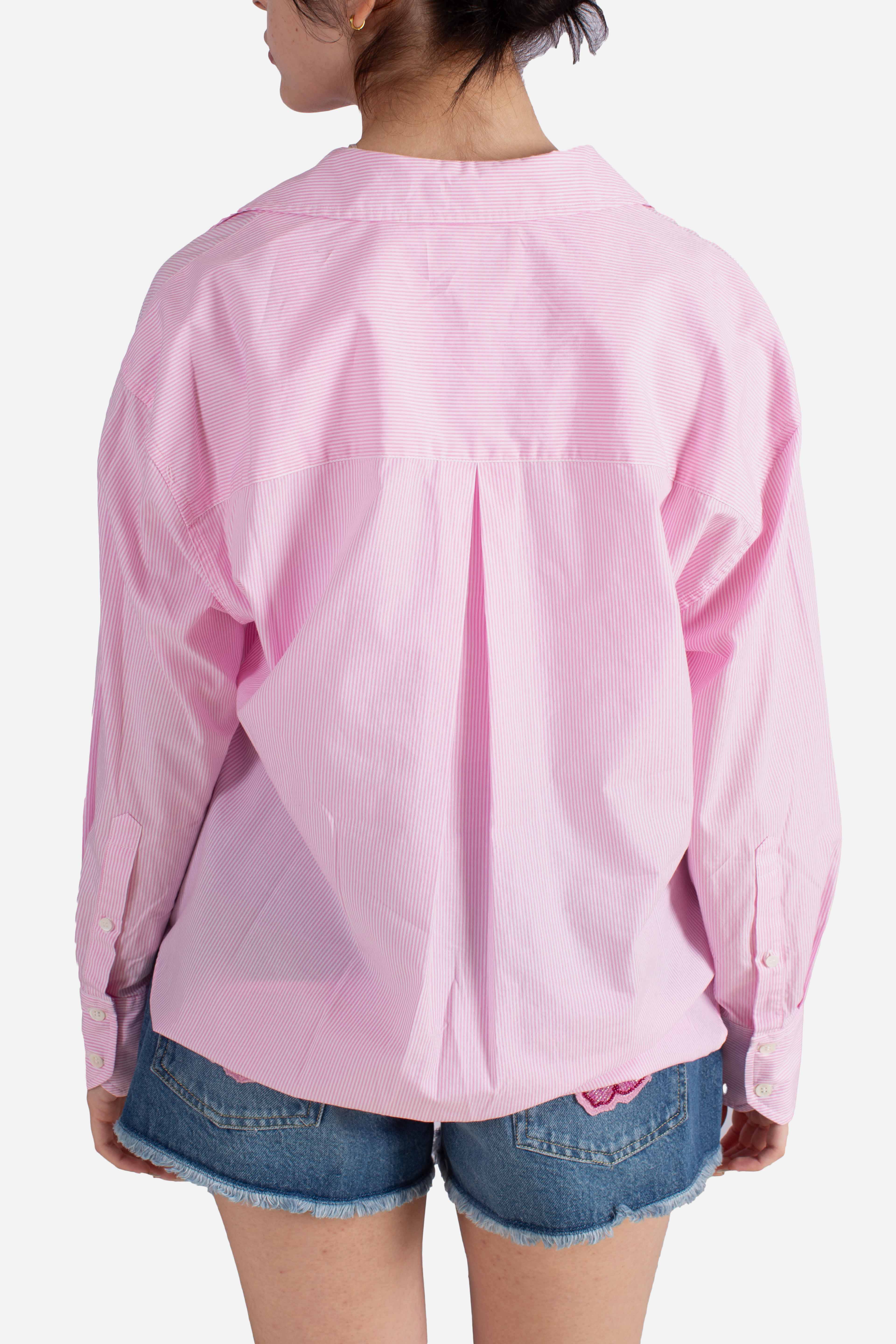 Camicia Cristal in popeline di cotone a righe rosa con ricami
