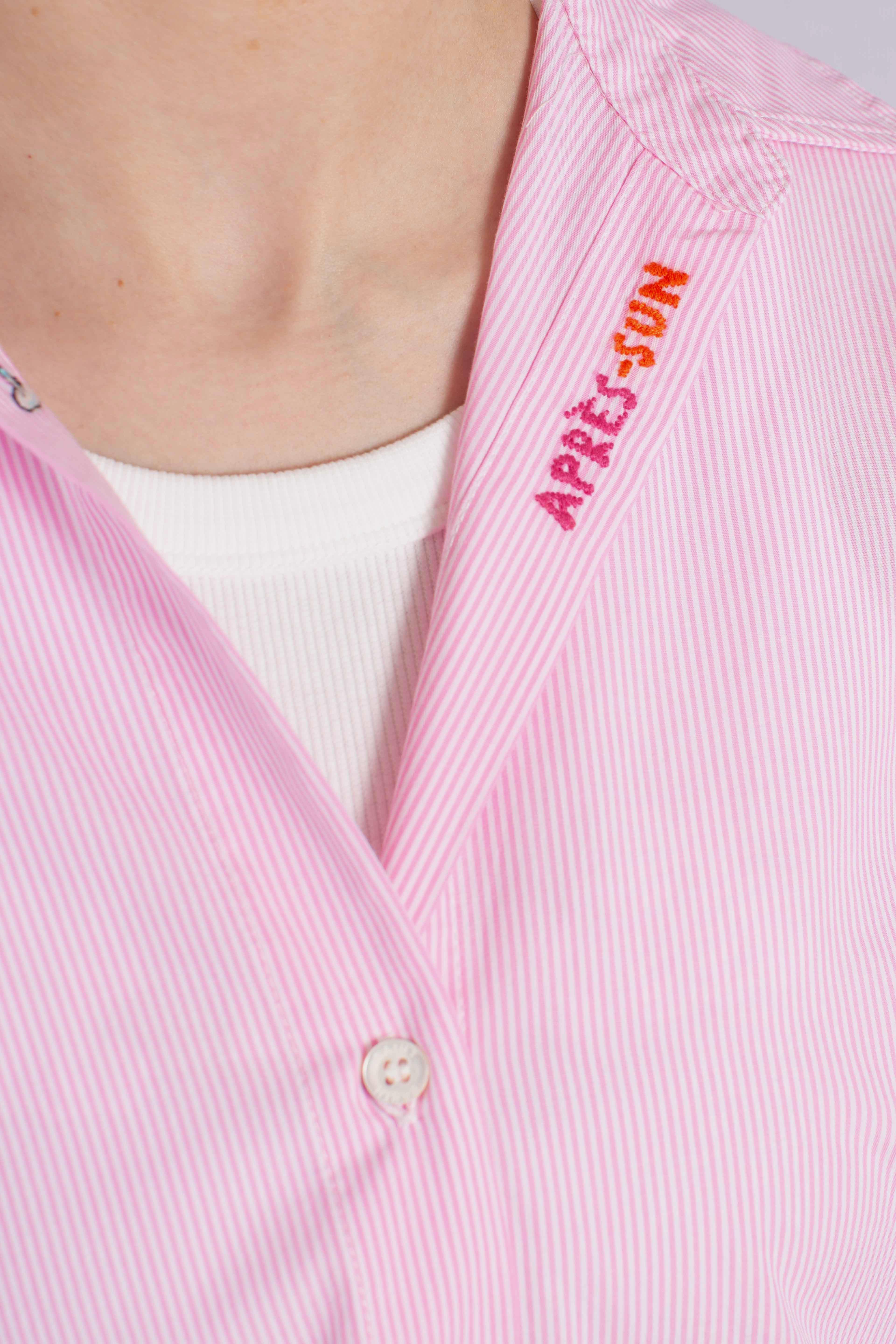 Camicia Cristal in popeline di cotone a righe rosa con ricami