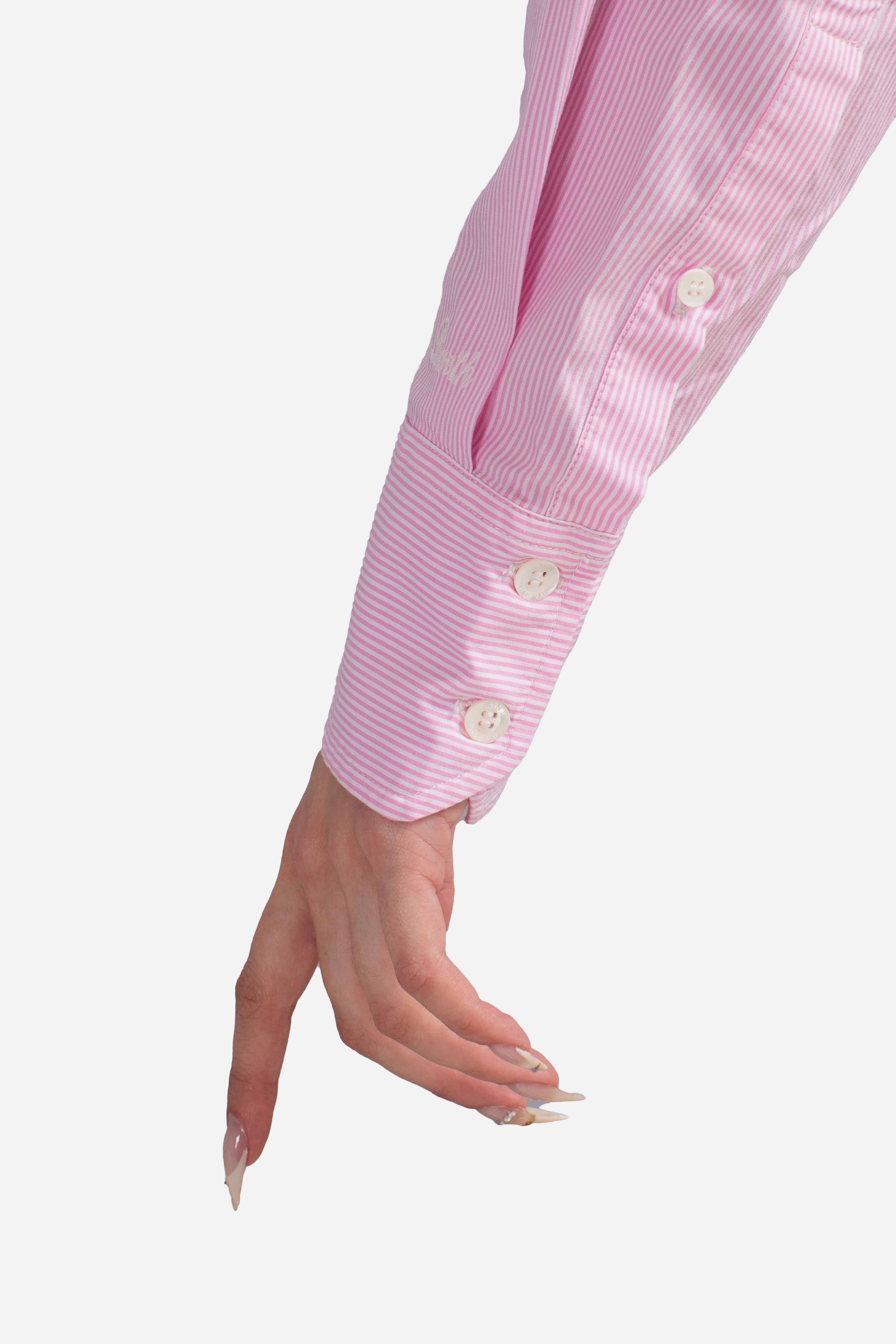 Camicia Cristal in popeline di cotone a righe rosa con ricami