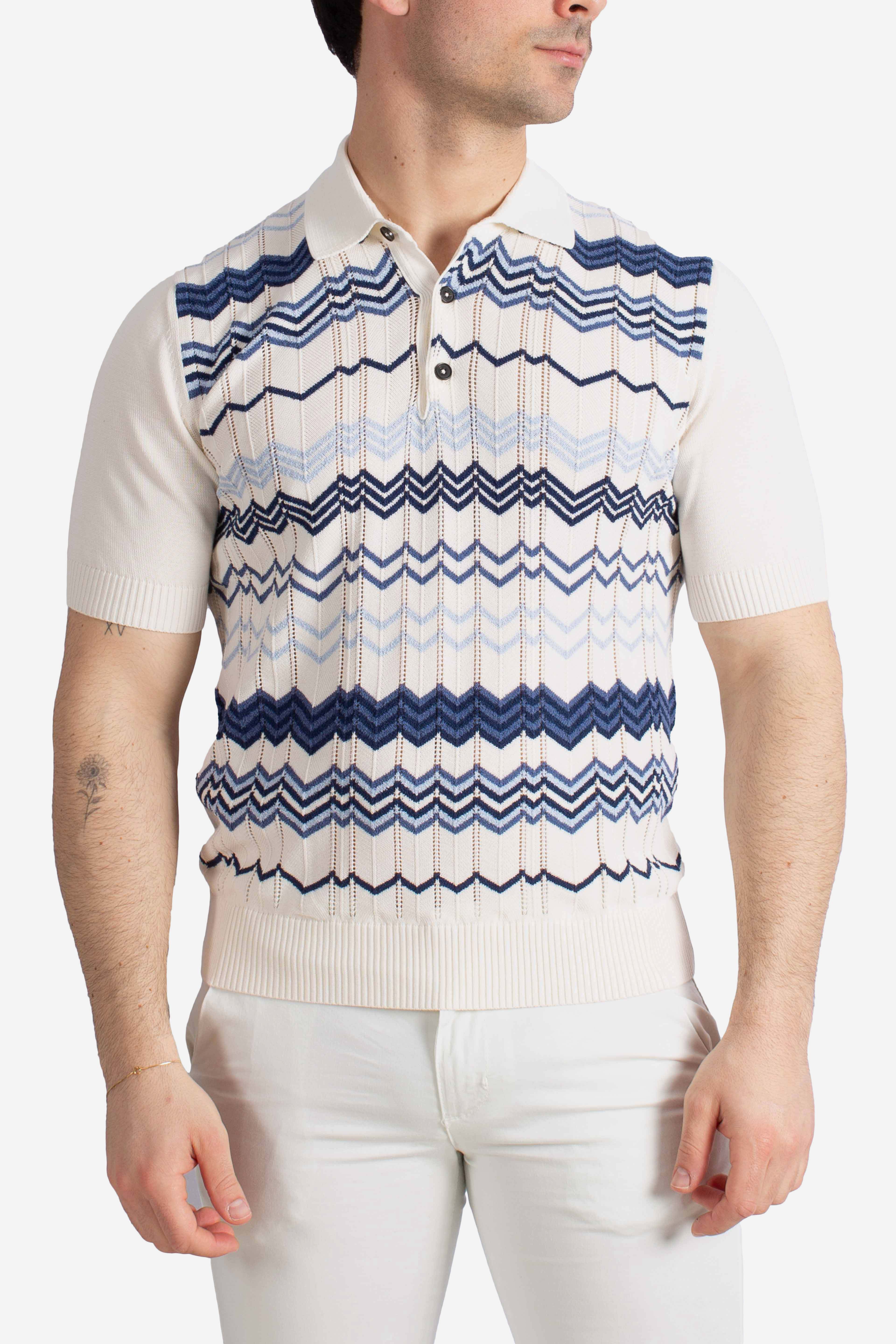 Polo uomo in cotone stretch blu white royal con motivo jacquard geometrico
