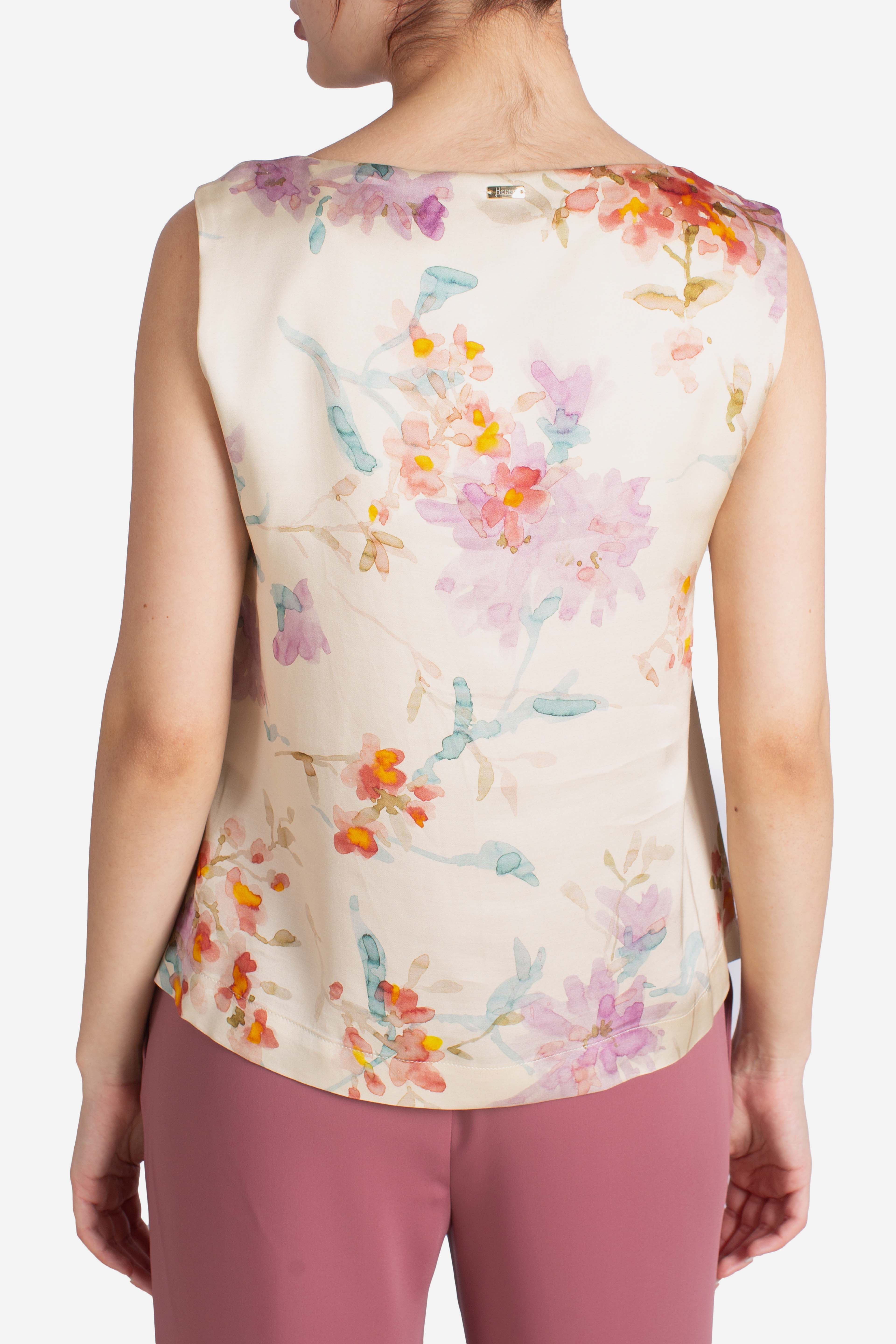 Blusa Top smanicato in viscosa stampa floreale avorio multicolor